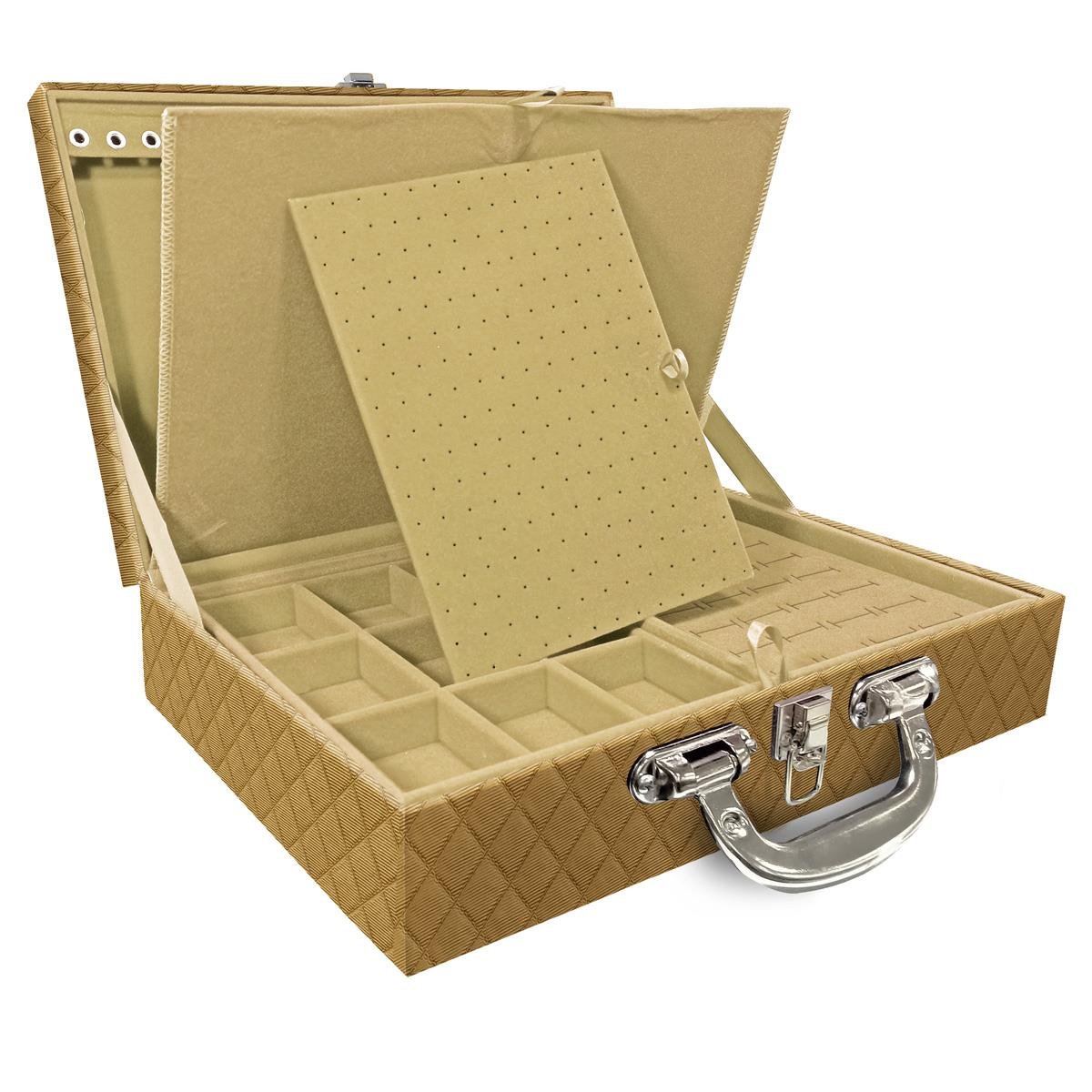 Estojo Maleta Porta Jóias Duplo Grande Dijon Dourado Com Alça Cromada e Imã
