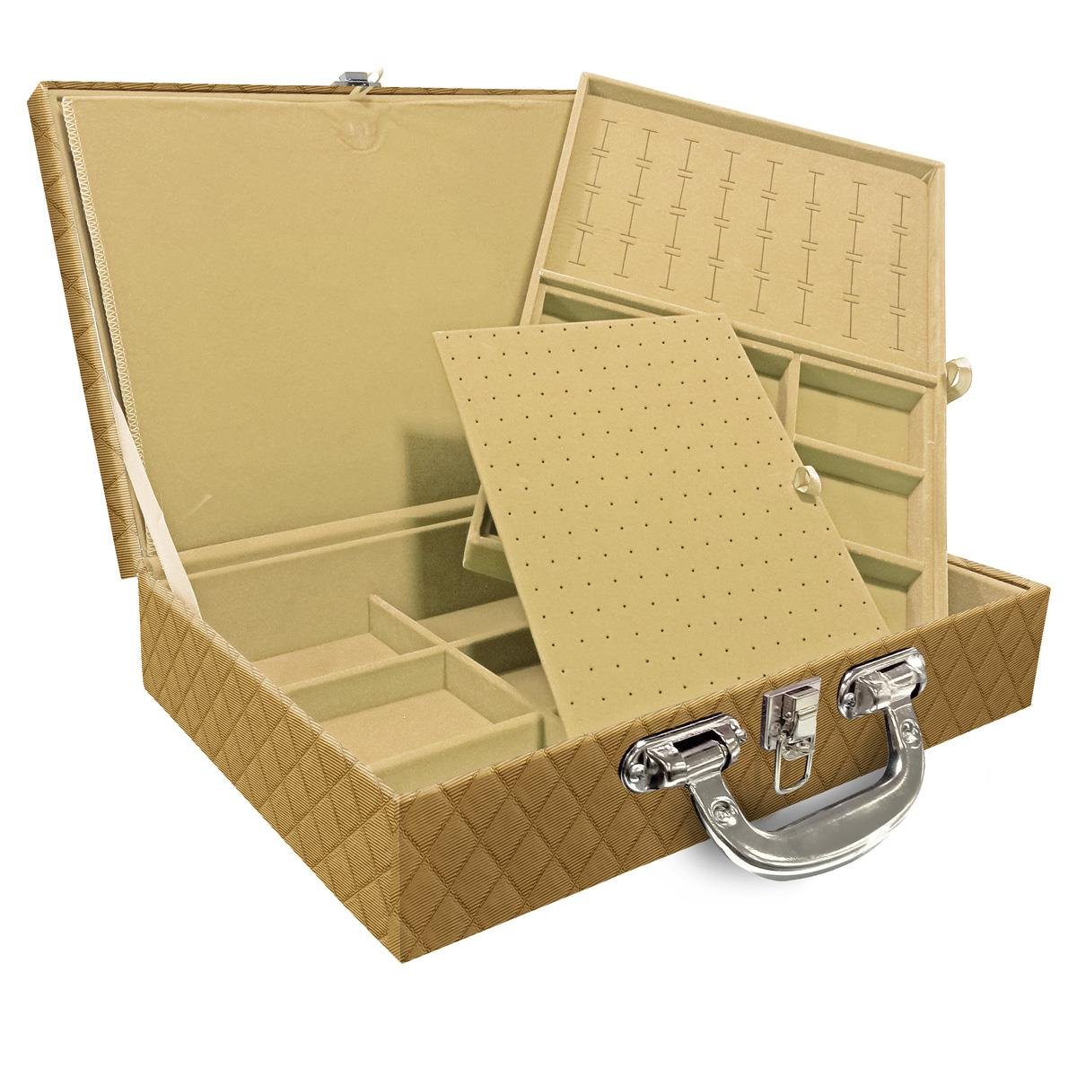 Estojo Maleta Porta Jóias Duplo Grande Dijon Dourado Com Alça Cromada e Imã