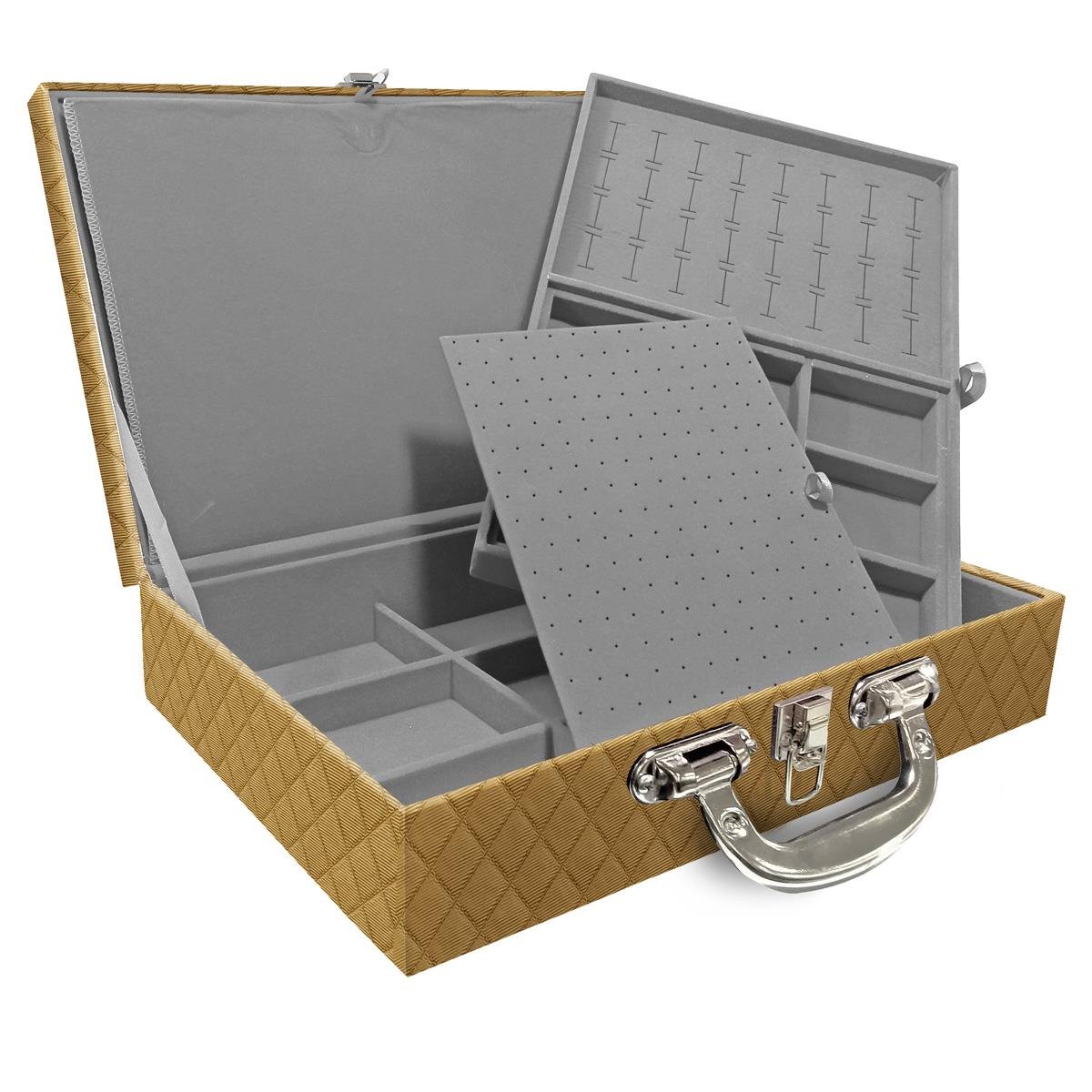 Estojo Maleta Porta Jóias Duplo Grande Dijon Dourado Com Alça Cromada e Imã