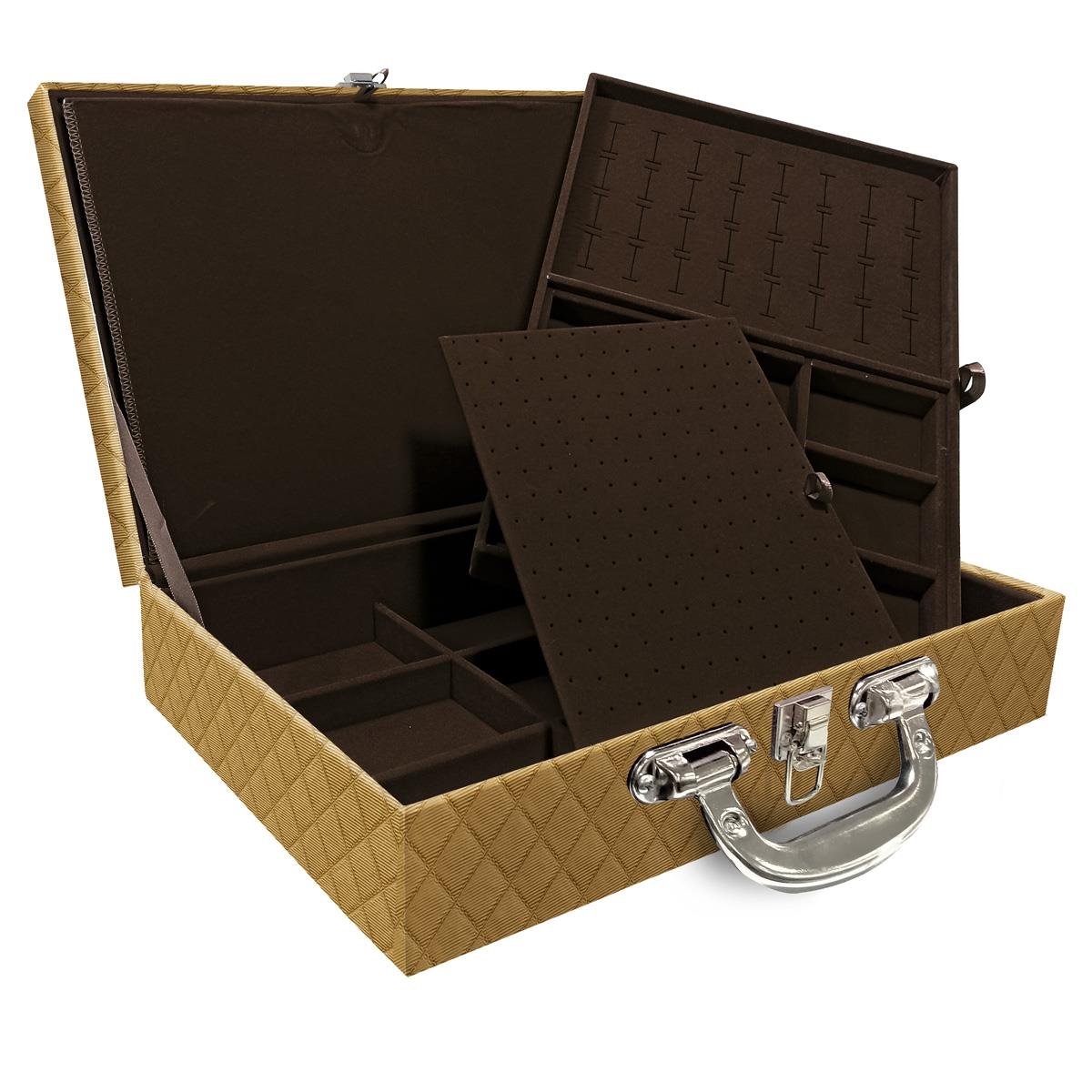 Estojo Maleta Porta Jóias Duplo Grande Dijon Dourado Com Alça Cromada e Imã