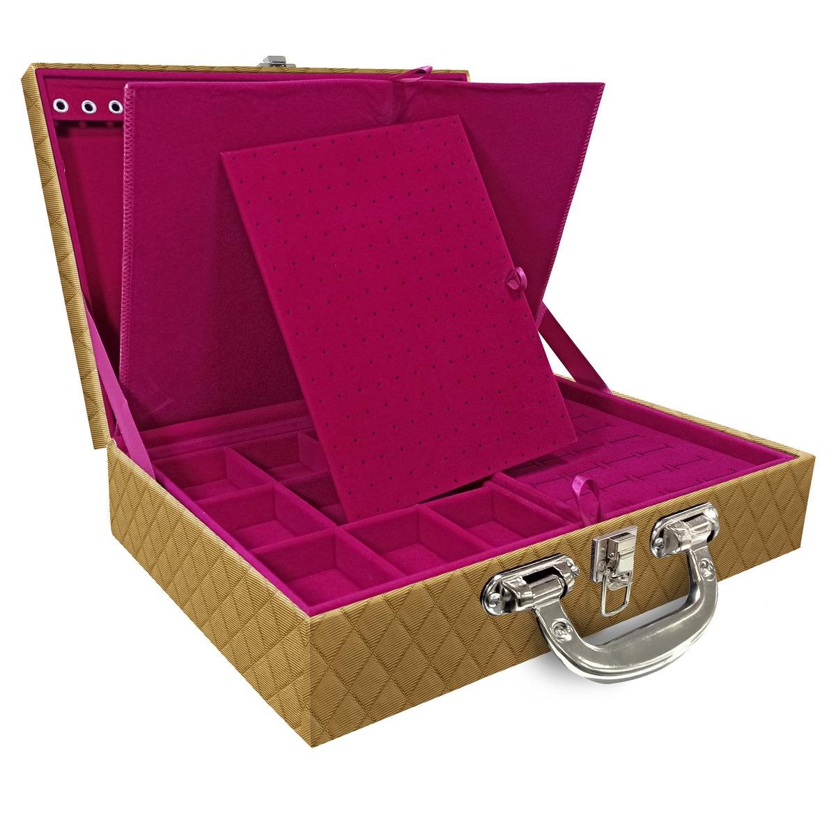 Estojo Maleta Porta Jóias Duplo Grande Dijon Dourado Com Alça Cromada e Imã