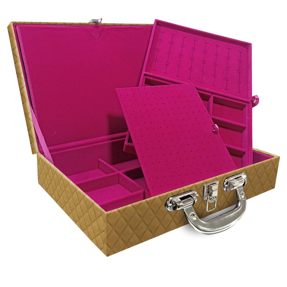 Estojo Maleta Porta Jóias Duplo Grande Dijon Dourado Com Alça Cromada e Imã