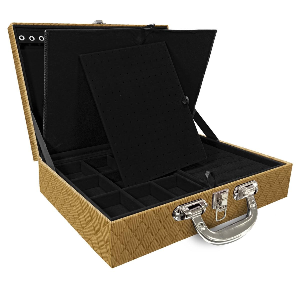 Estojo Maleta Porta Jóias Duplo Grande Dijon Dourado Com Alça Cromada e Imã