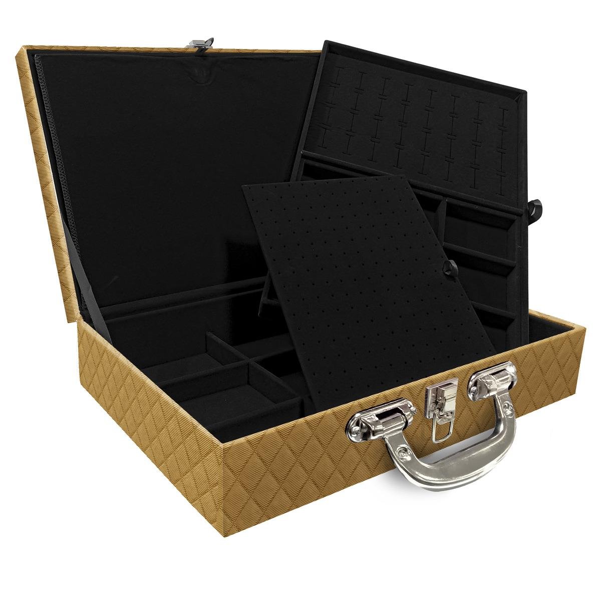 Estojo Maleta Porta Jóias Duplo Grande Dijon Dourado Com Alça Cromada e Imã