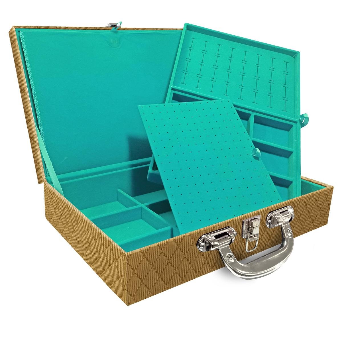 Estojo Maleta Porta Jóias Duplo Grande Dijon Dourado Com Alça Cromada e Imã