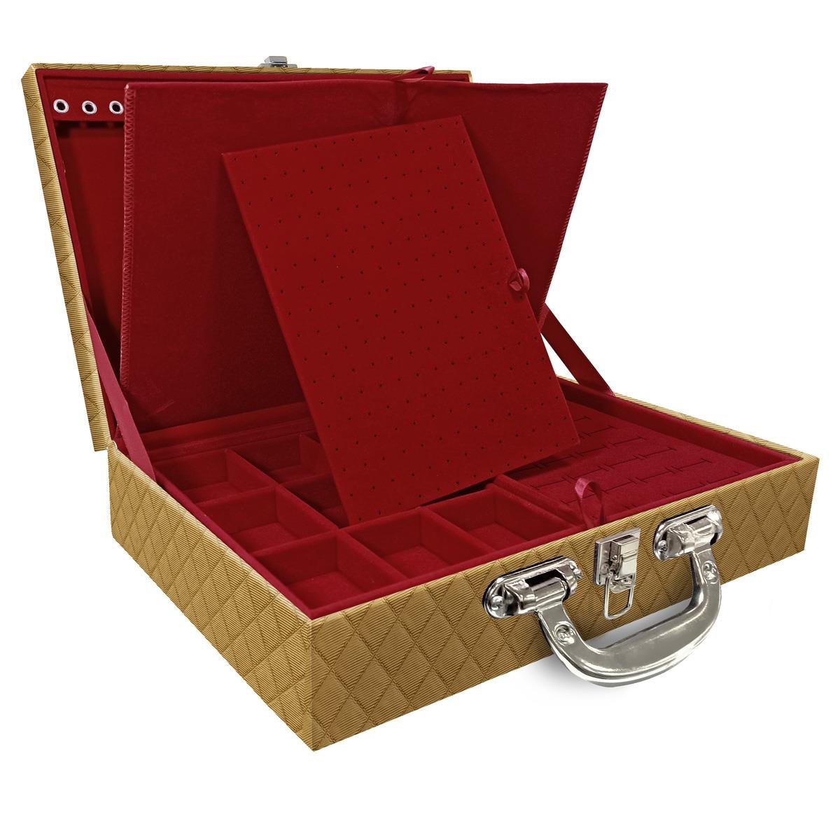 Estojo Maleta Porta Jóias Duplo Grande Dijon Dourado Com Alça Cromada e Imã