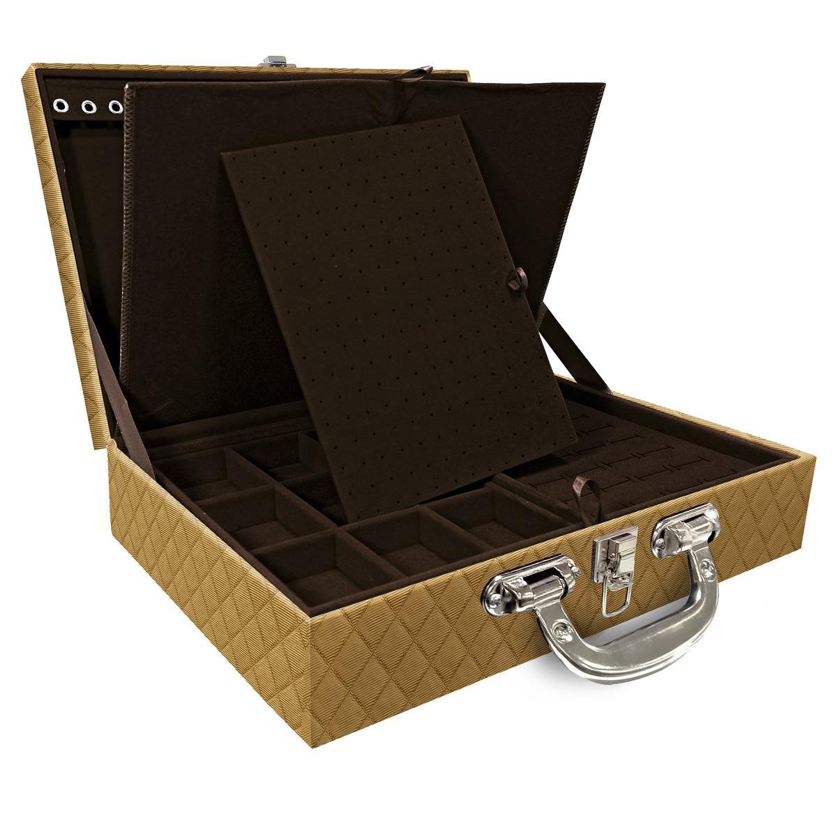Estojo Maleta Porta Jóias Duplo Grande Dijon Dourado Com Alça Cromada e Imã