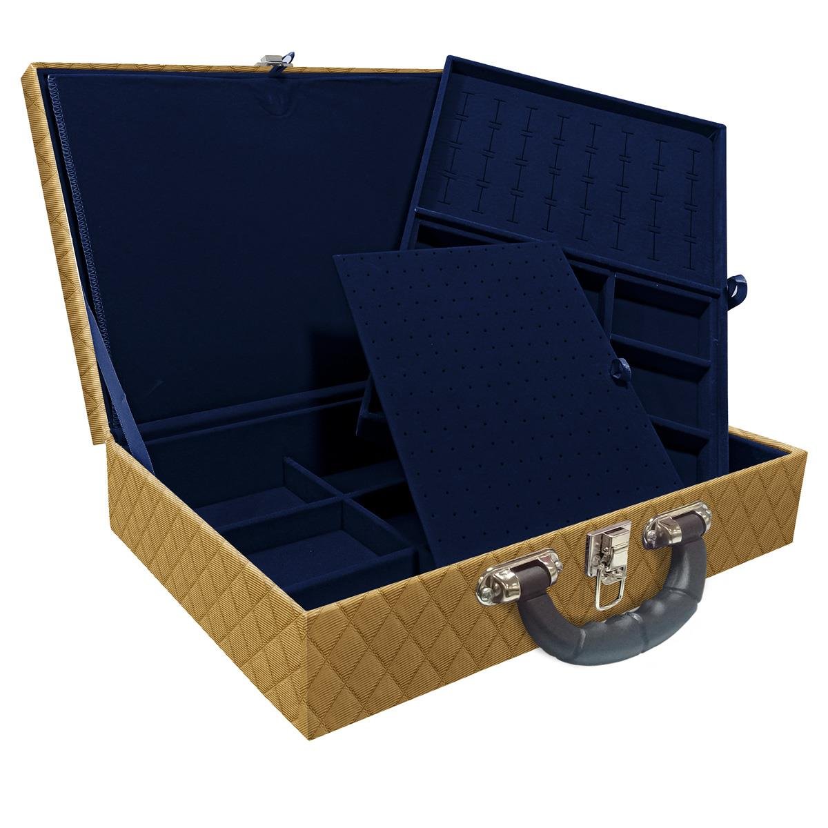 Estojo Maleta Porta Jóias Duplo Grande Dijon Dourado Com Alça Preta e Imã