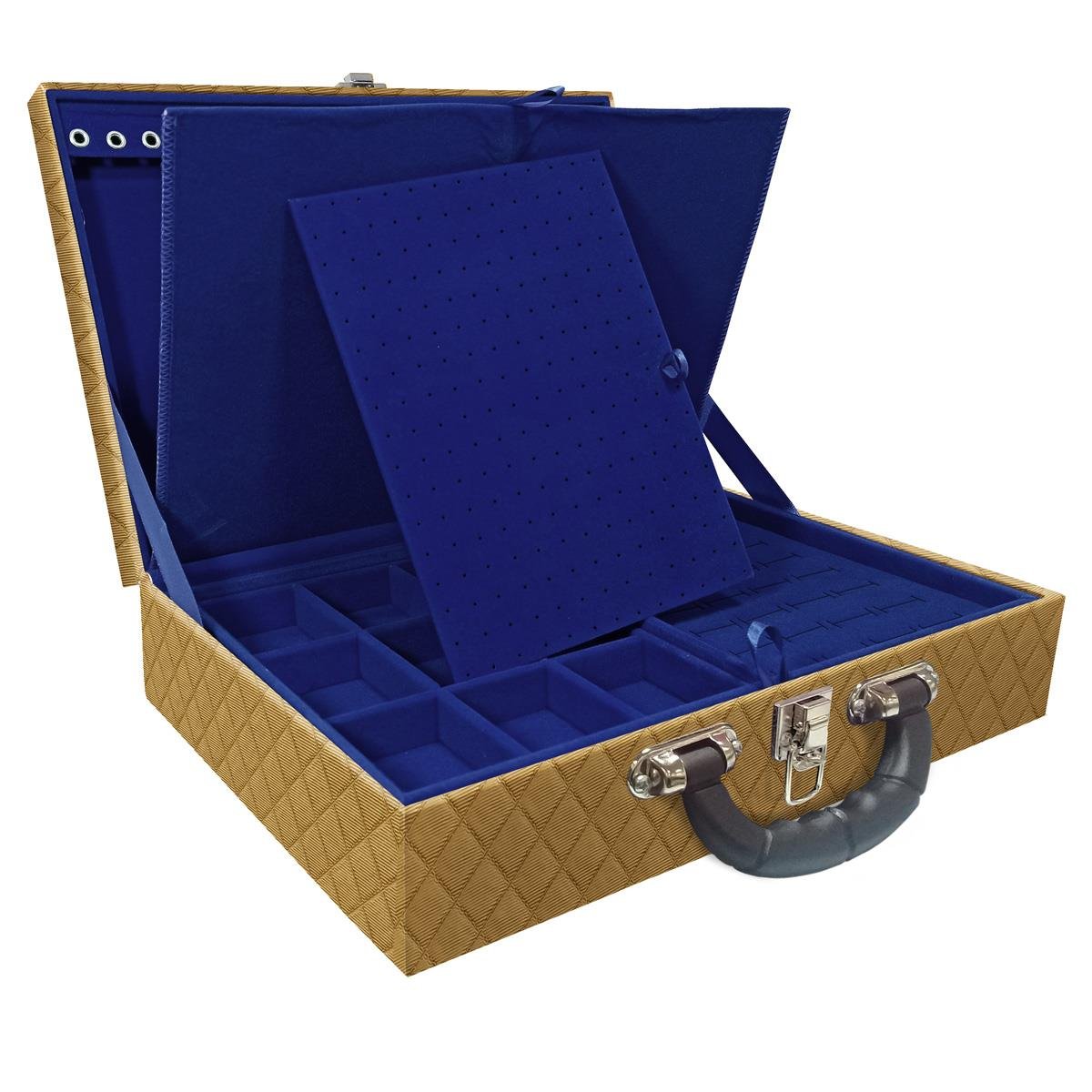 Estojo Maleta Porta Jóias Duplo Grande Dijon Dourado Com Alça Preta e Imã