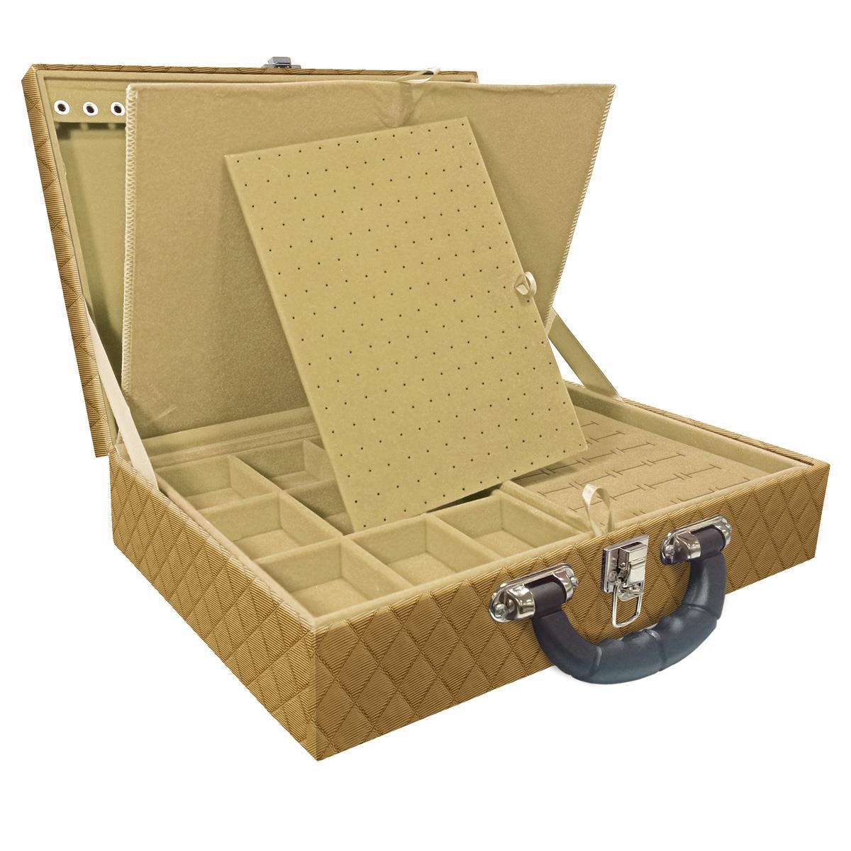 Estojo Maleta Porta Jóias Duplo Grande Dijon Dourado Com Alça Preta e Imã
