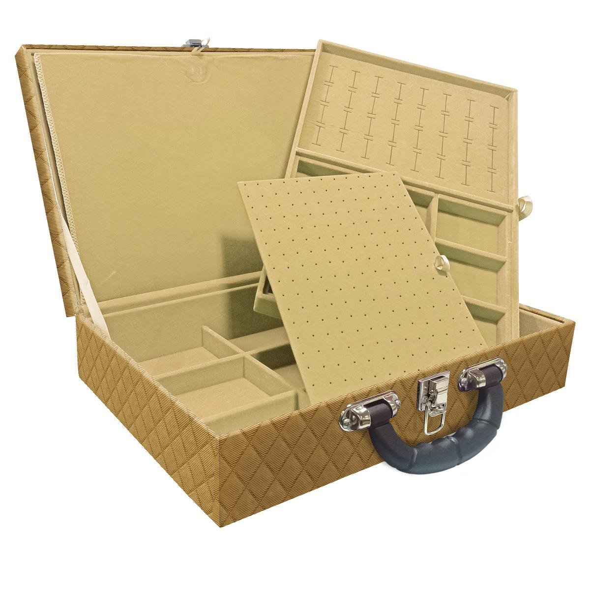 Estojo Maleta Porta Jóias Duplo Grande Dijon Dourado Com Alça Preta e Imã