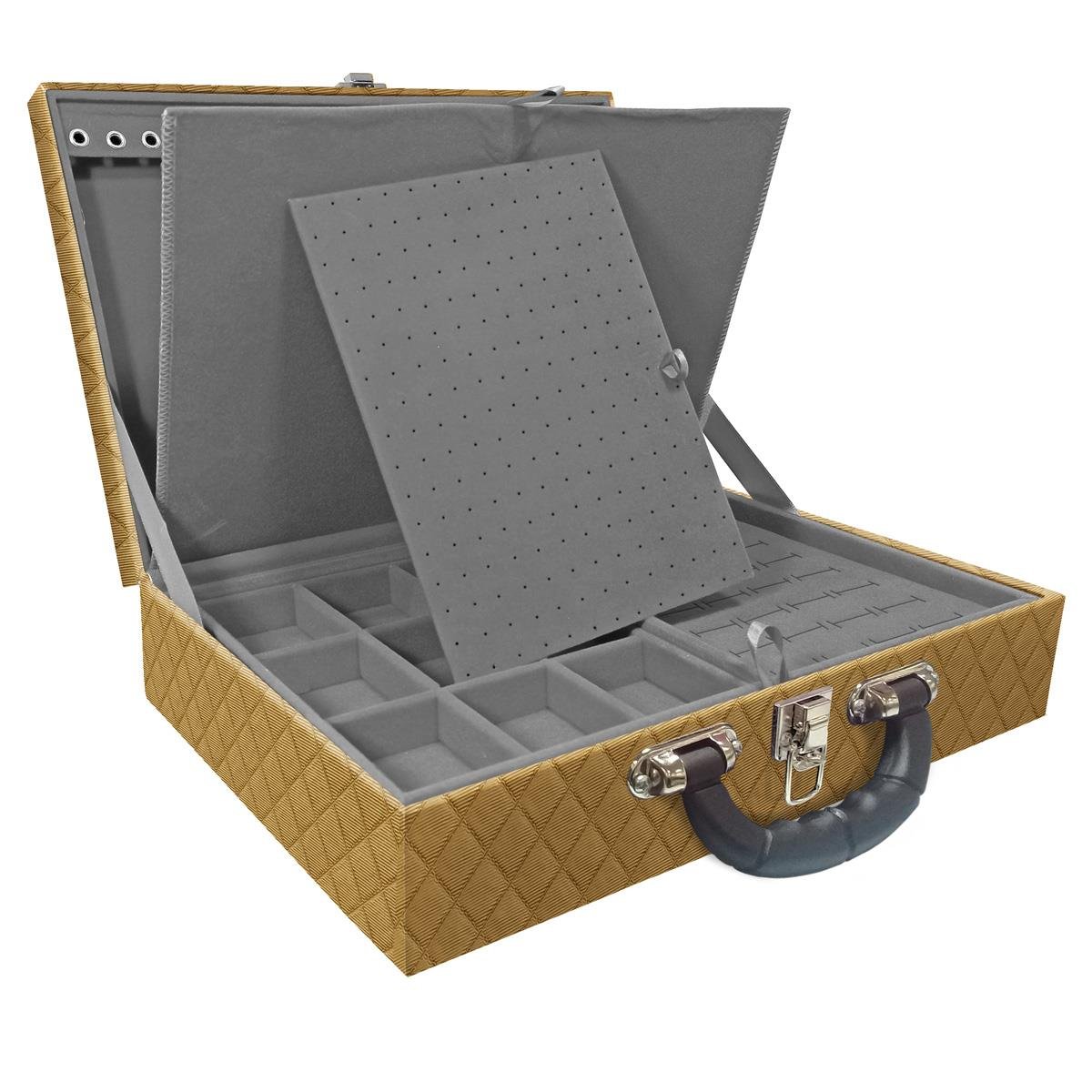 Estojo Maleta Porta Jóias Duplo Grande Dijon Dourado Com Alça Preta e Imã