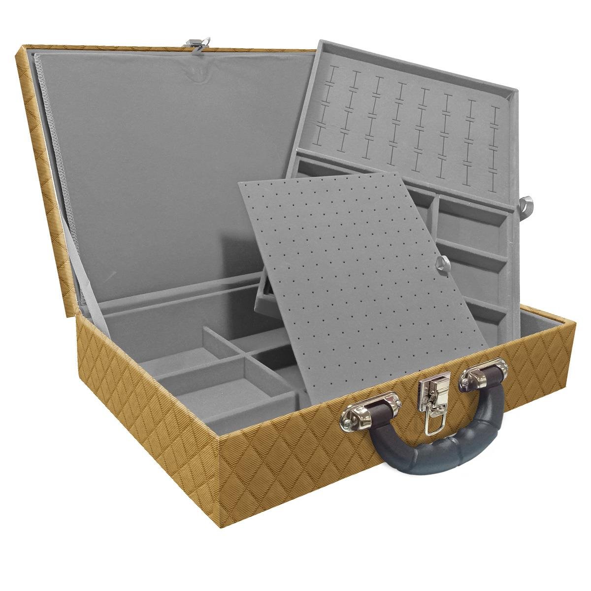 Estojo Maleta Porta Jóias Duplo Grande Dijon Dourado Com Alça Preta e Imã