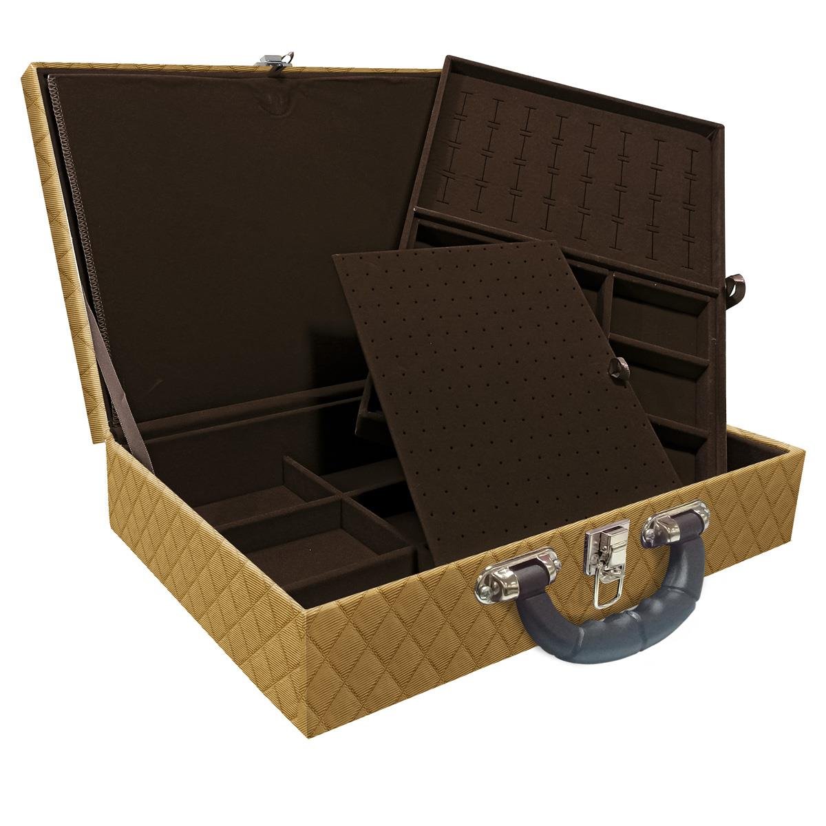 Estojo Maleta Porta Jóias Duplo Grande Dijon Dourado Com Alça Preta e Imã