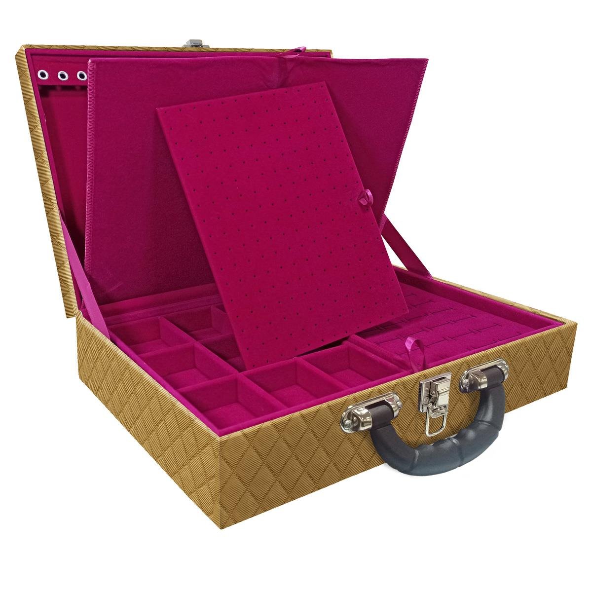 Estojo Maleta Porta Jóias Duplo Grande Dijon Dourado Com Alça Preta e Imã