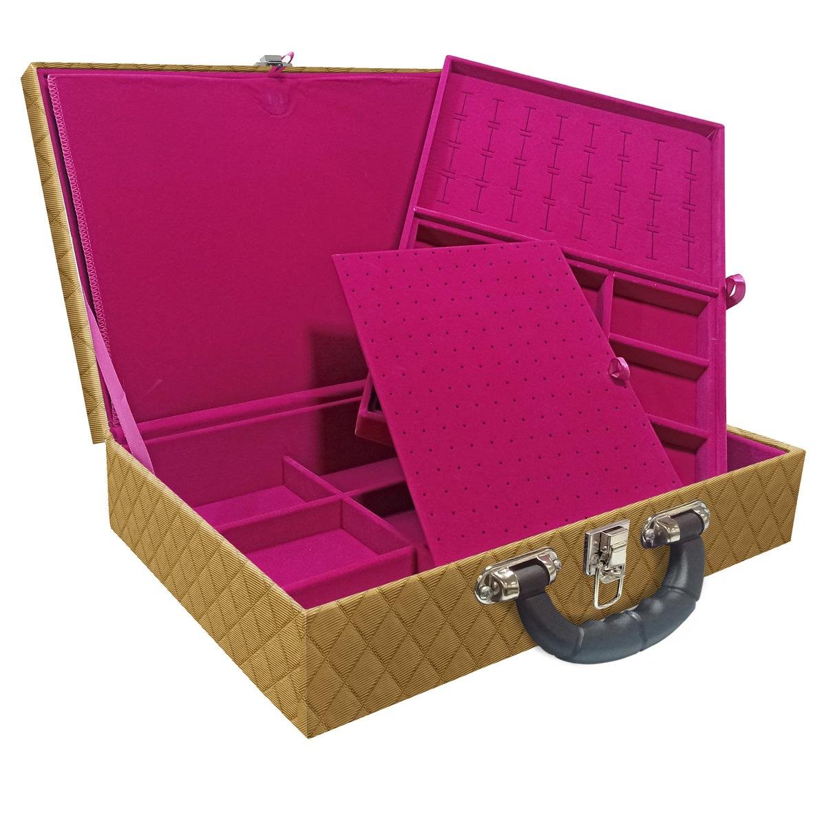 Estojo Maleta Porta Jóias Duplo Grande Dijon Dourado Com Alça Preta e Imã