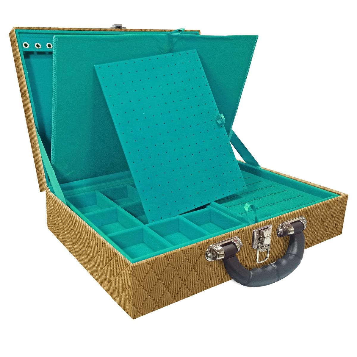 Estojo Maleta Porta Jóias Duplo Grande Dijon Dourado Com Alça Preta e Imã