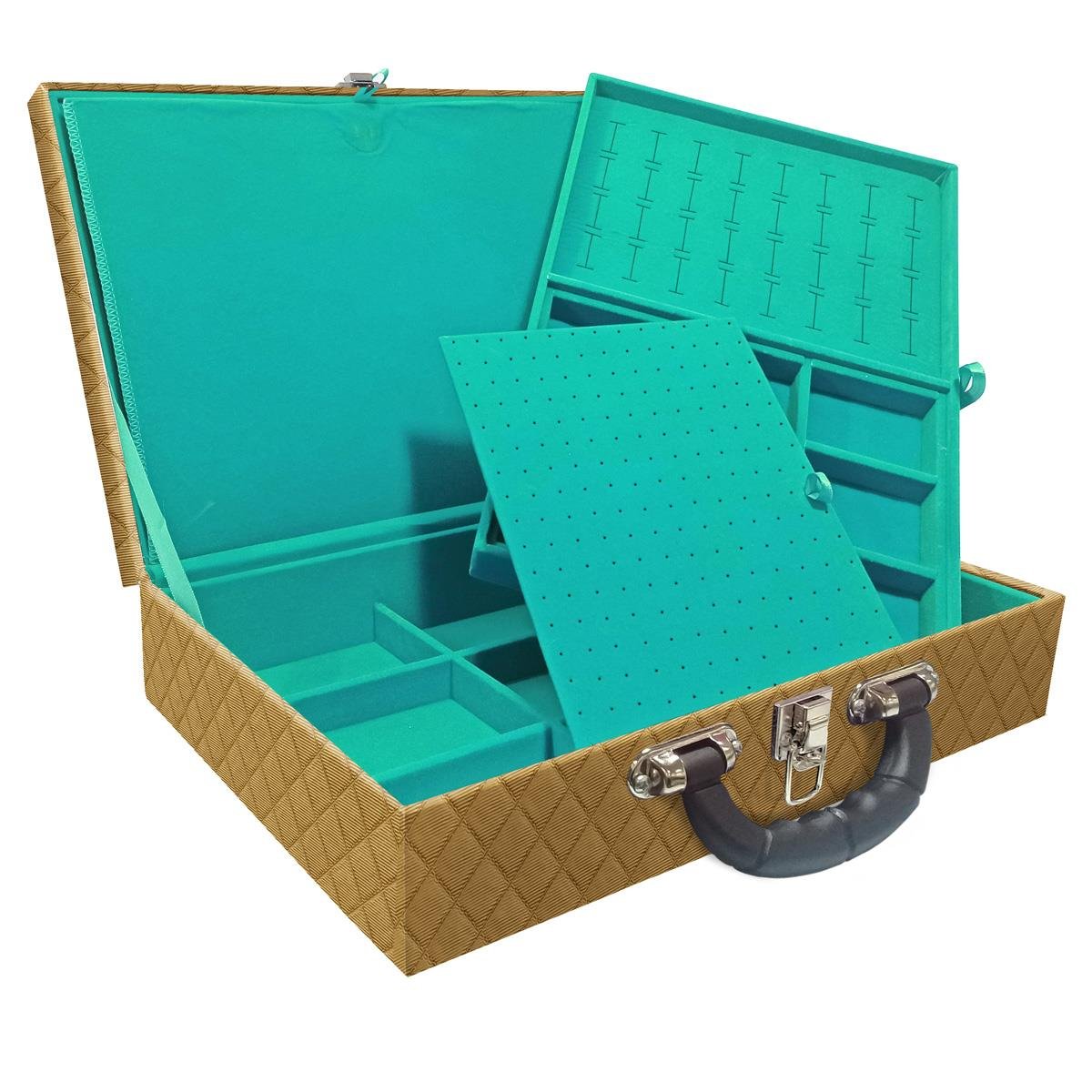 Estojo Maleta Porta Jóias Duplo Grande Dijon Dourado Com Alça Preta e Imã