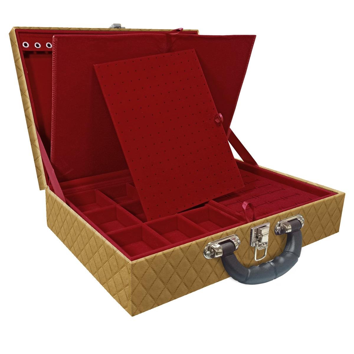 Estojo Maleta Porta Jóias Duplo Grande Dijon Dourado Com Alça Preta e Imã