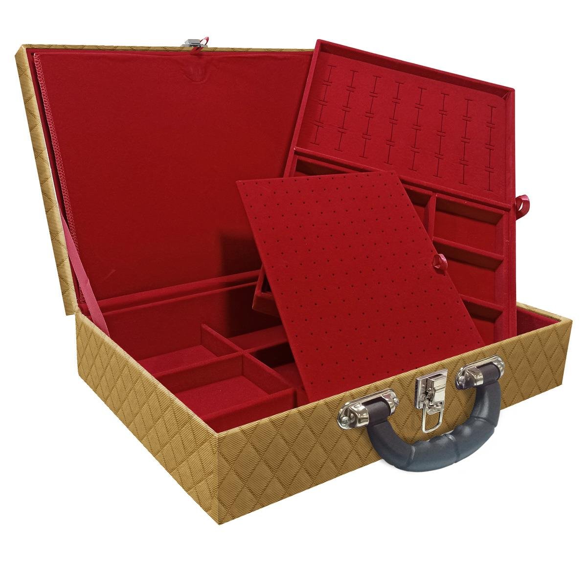 Estojo Maleta Porta Jóias Duplo Grande Dijon Dourado Com Alça Preta e Imã