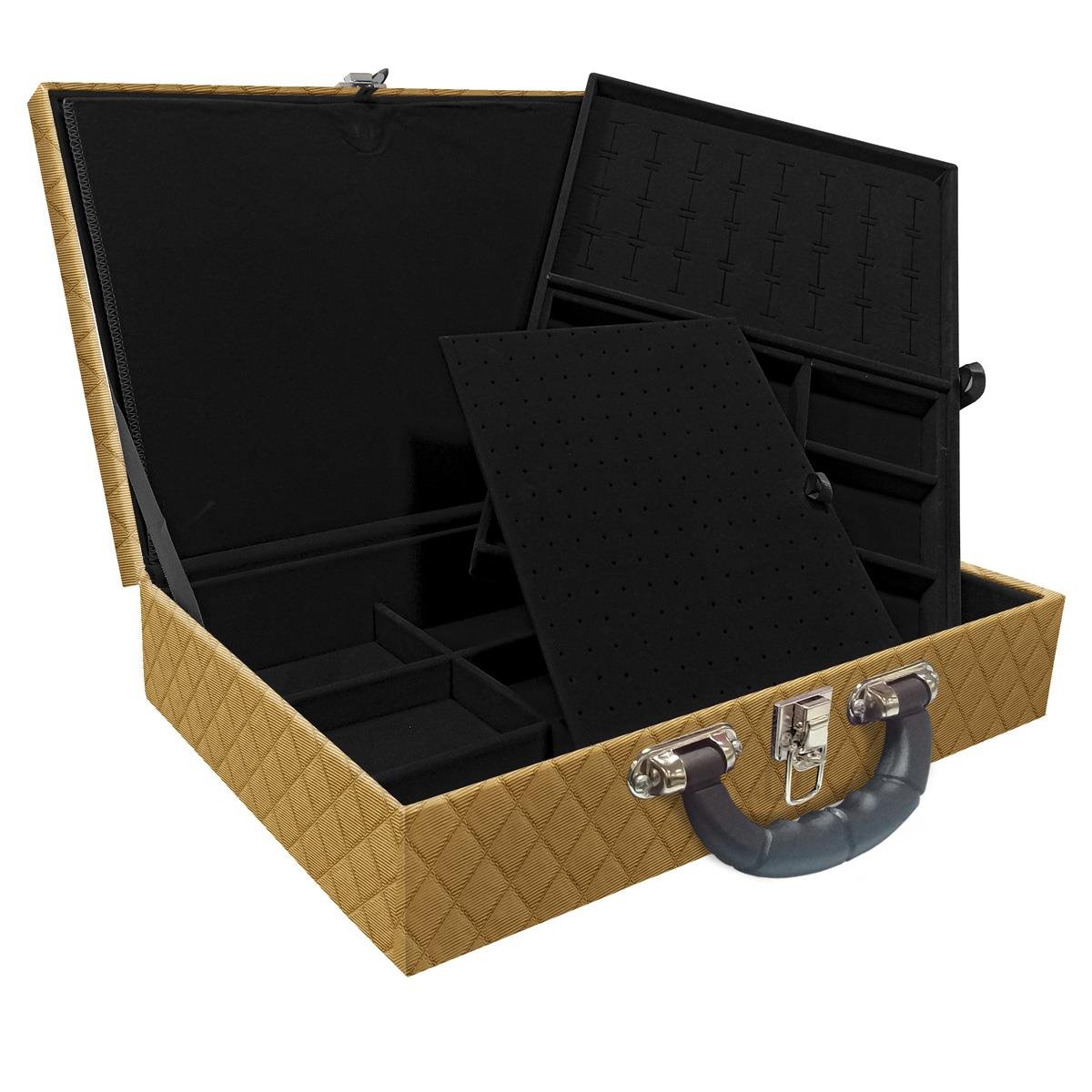 Estojo Maleta Porta Jóias Duplo Grande Dijon Dourado Com Alça Preta e Imã