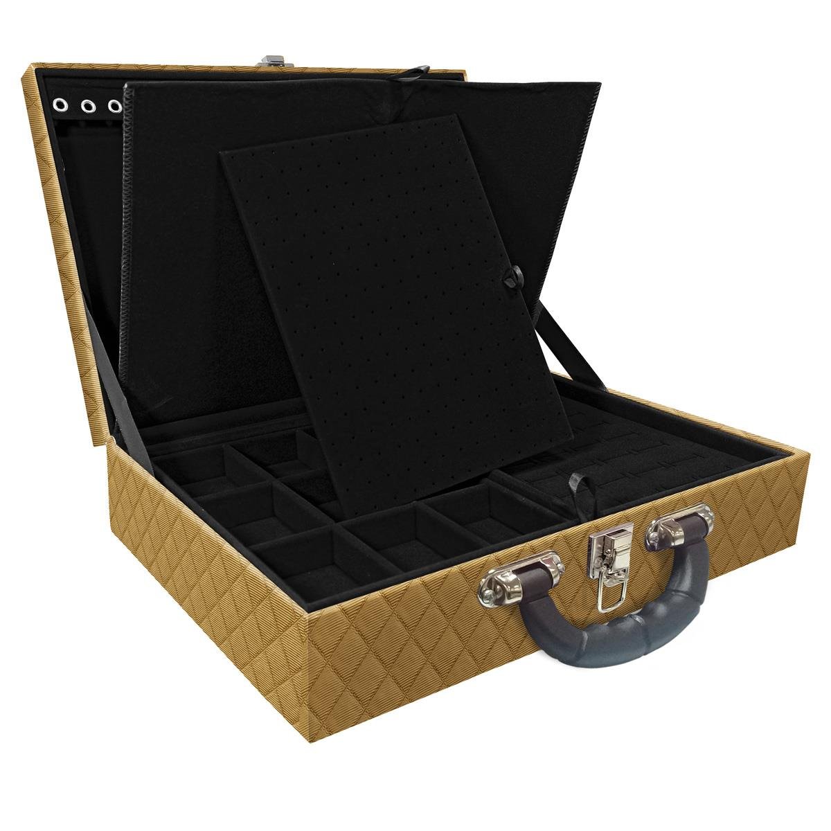 Estojo Maleta Porta Jóias Duplo Grande Dijon Dourado Com Alça Preta e Imã