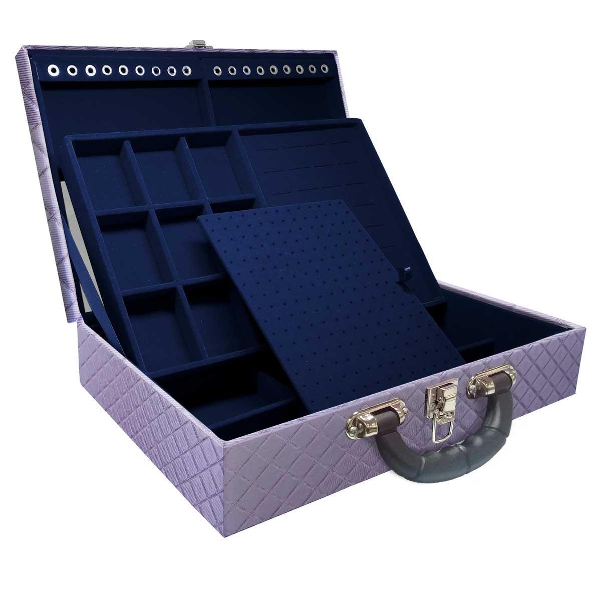 Estojo Maleta Porta Jóias Duplo Grande Dijon Lilás Metalizada Com Alça Preta e Espelho