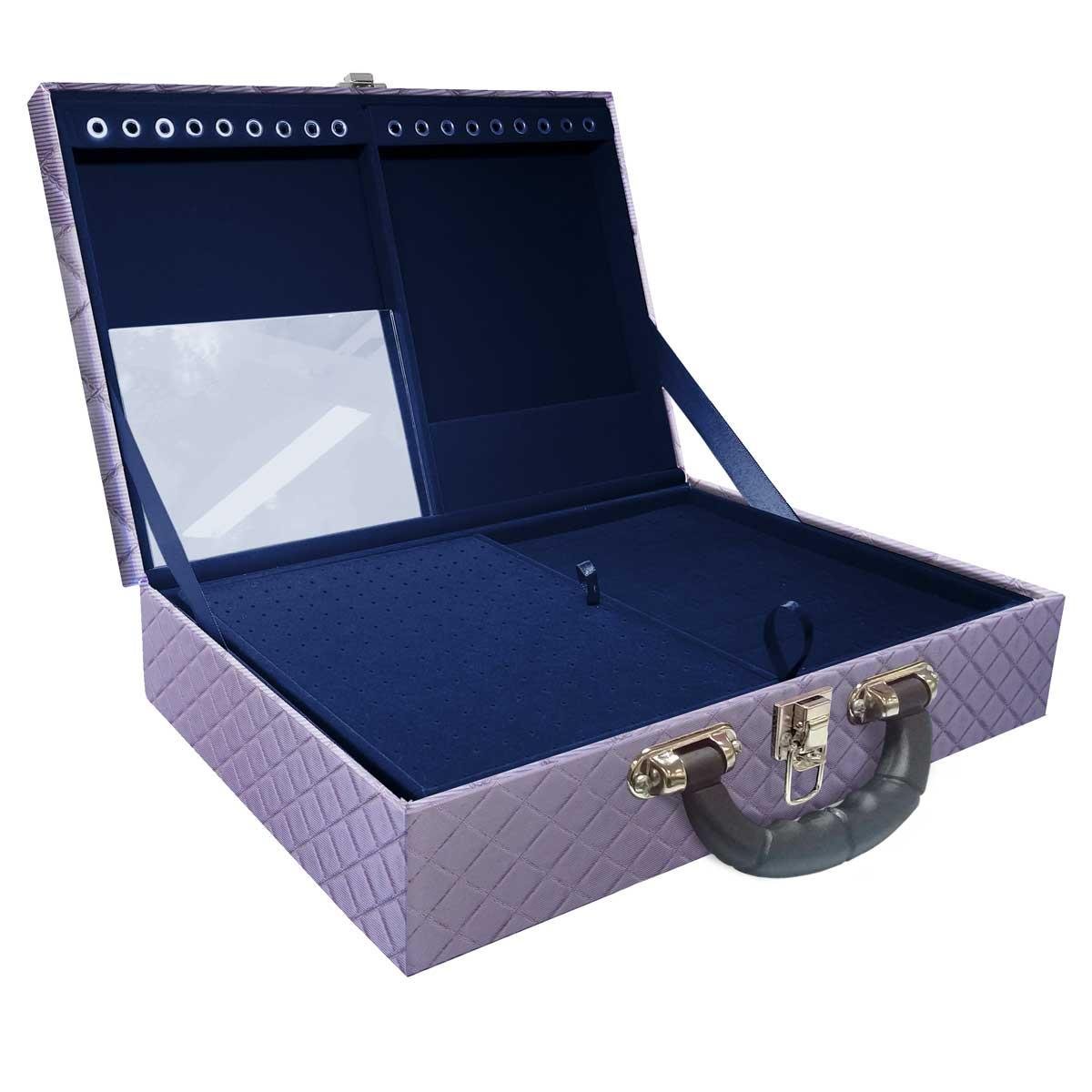 Estojo Maleta Porta Jóias Duplo Grande Dijon Lilás Metalizada Com Alça Preta e Espelho