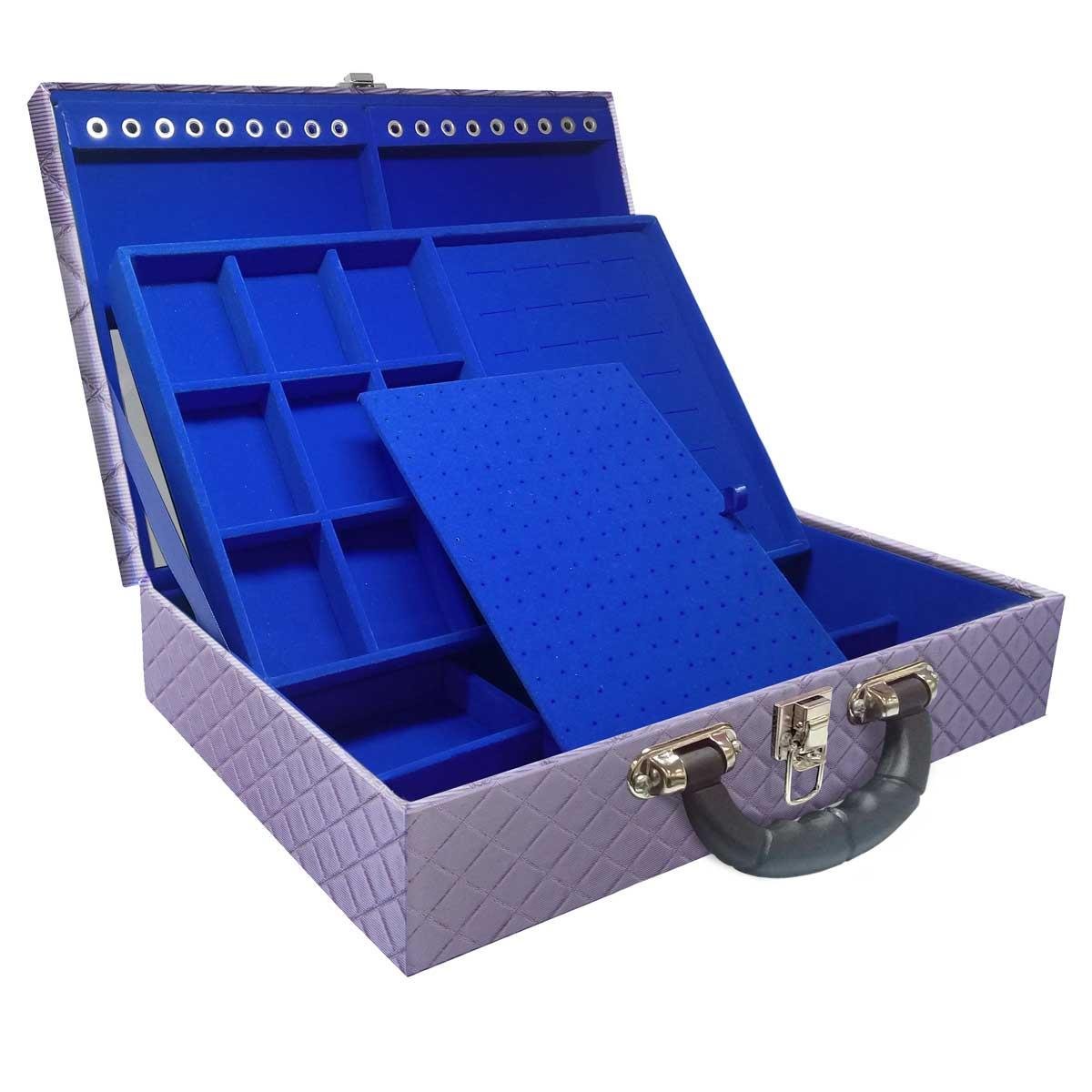 Estojo Maleta Porta Jóias Duplo Grande Dijon Lilás Metalizada Com Alça Preta e Espelho