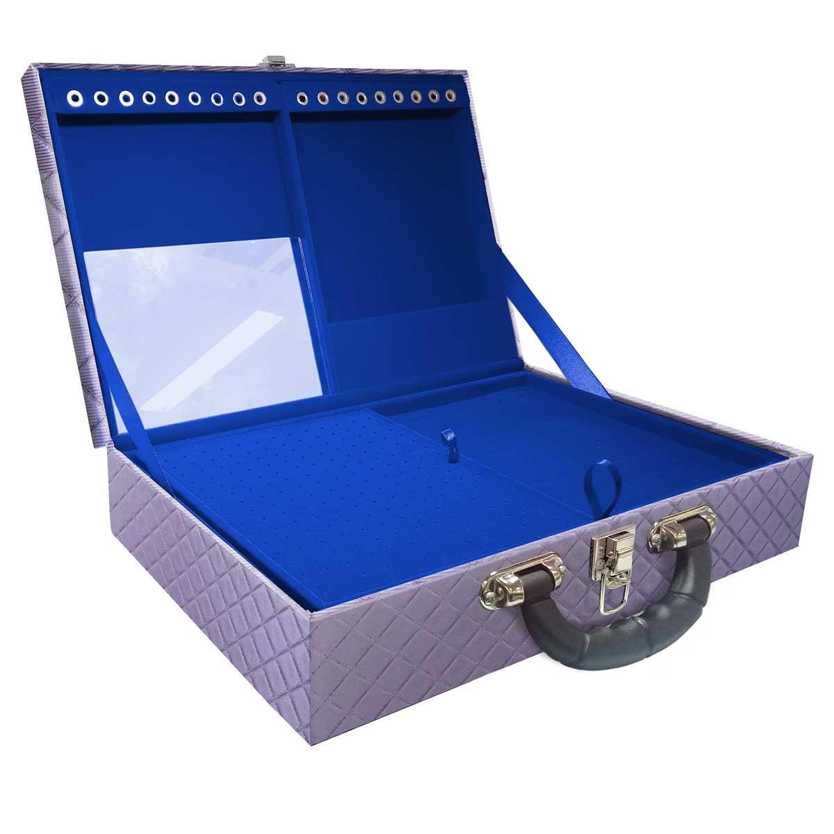 Estojo Maleta Porta Jóias Duplo Grande Dijon Lilás Metalizada Com Alça Preta e Espelho