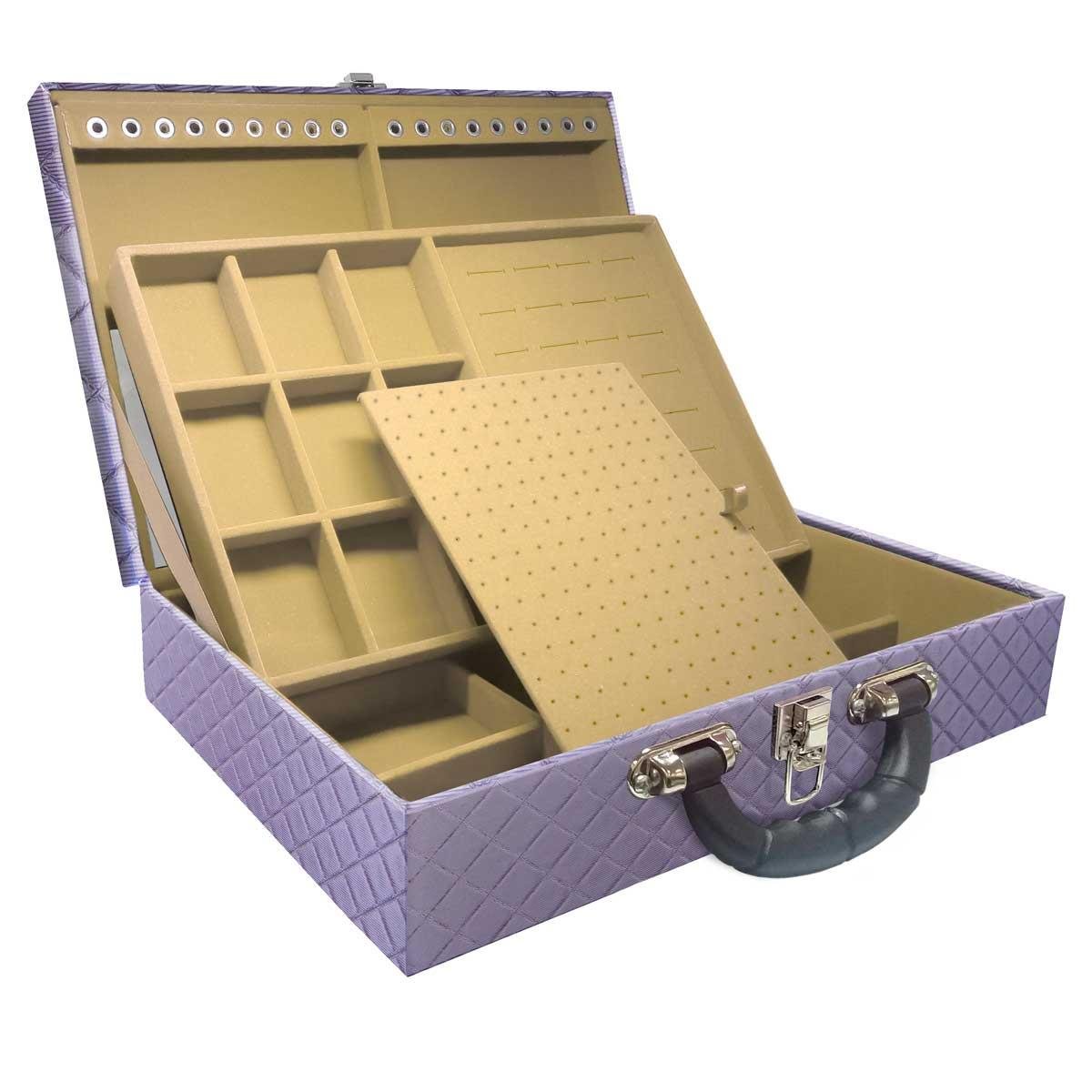 Estojo Maleta Porta Jóias Duplo Grande Dijon Lilás Metalizada Com Alça Preta e Espelho