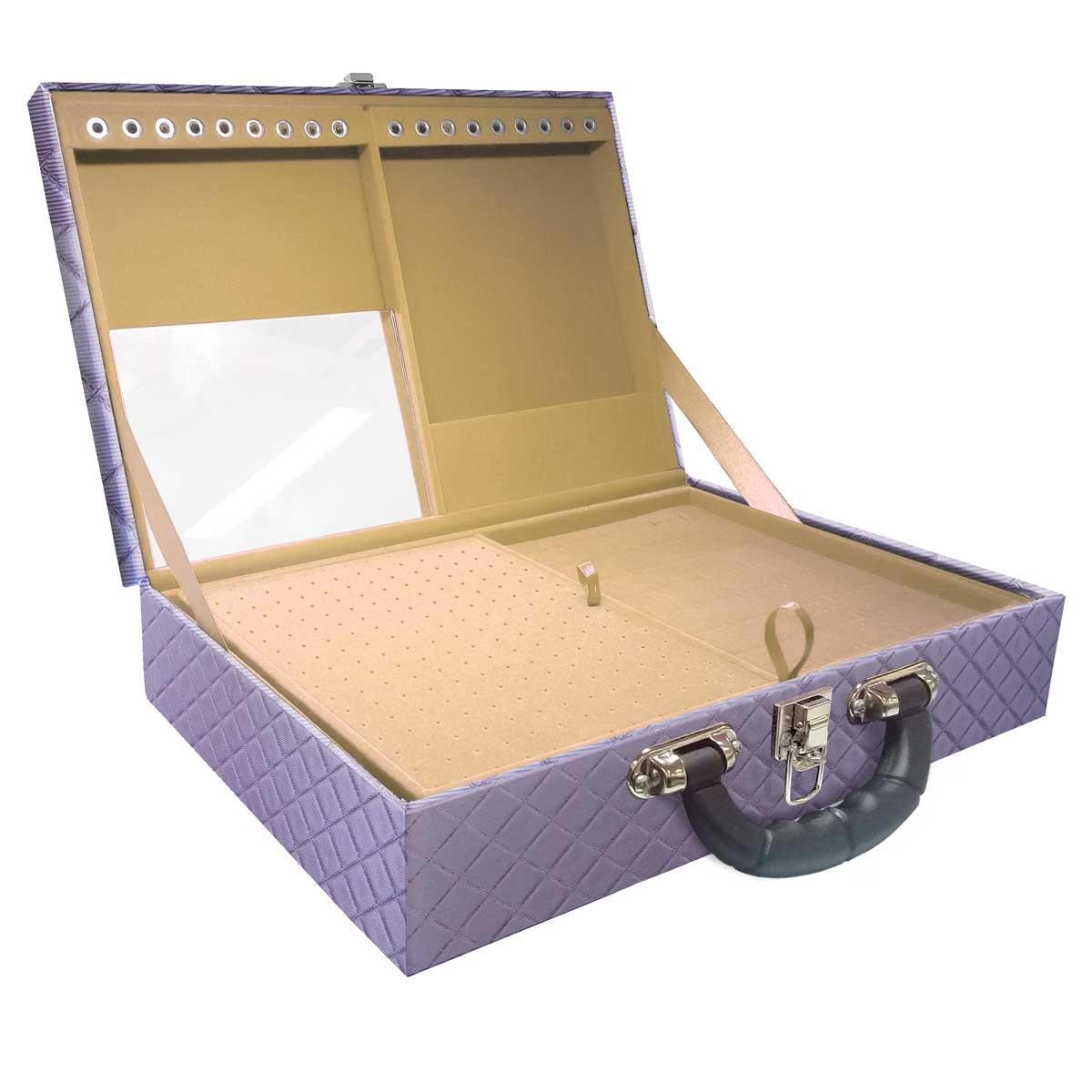 Estojo Maleta Porta Jóias Duplo Grande Dijon Lilás Metalizada Com Alça Preta e Espelho