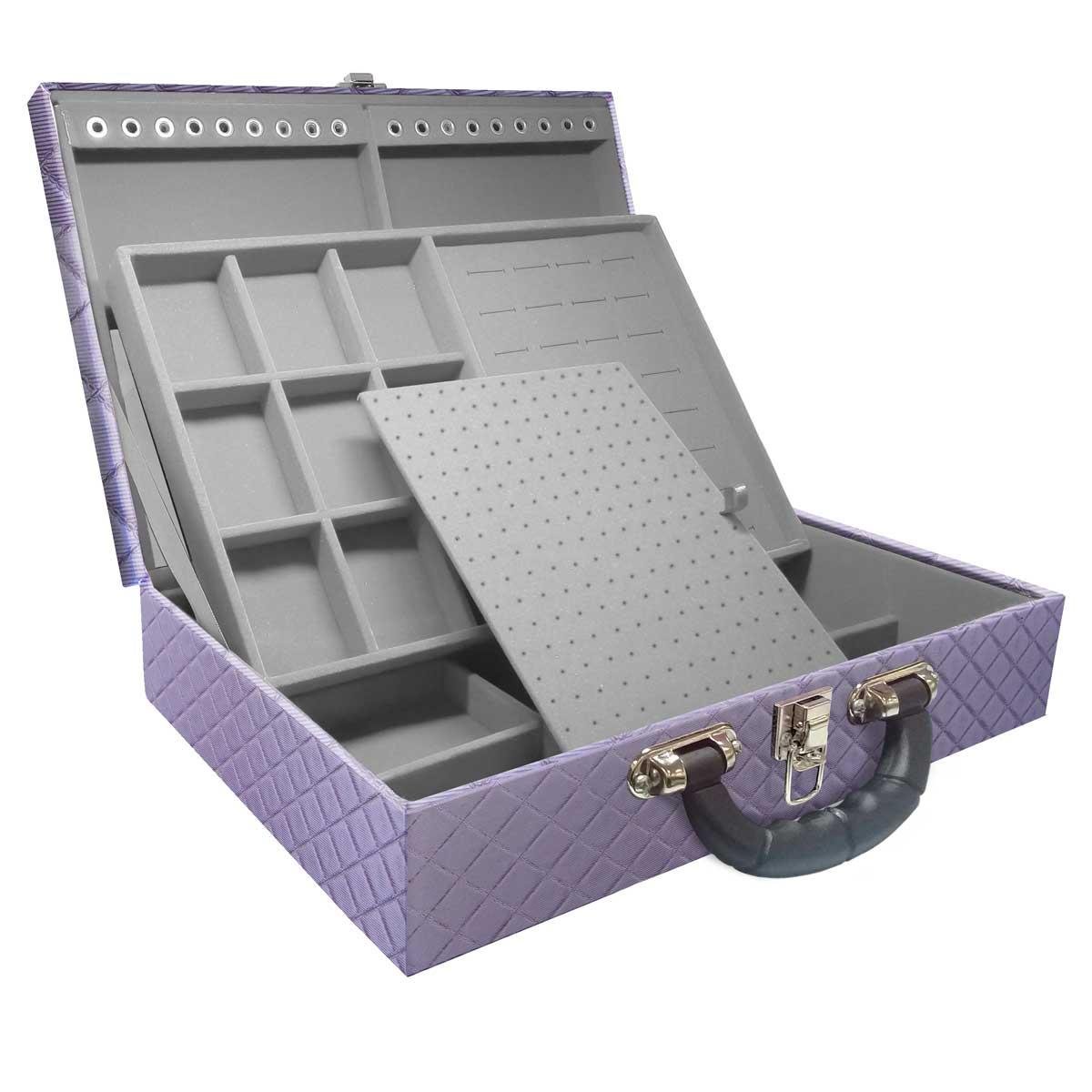 Estojo Maleta Porta Jóias Duplo Grande Dijon Lilás Metalizada Com Alça Preta e Espelho