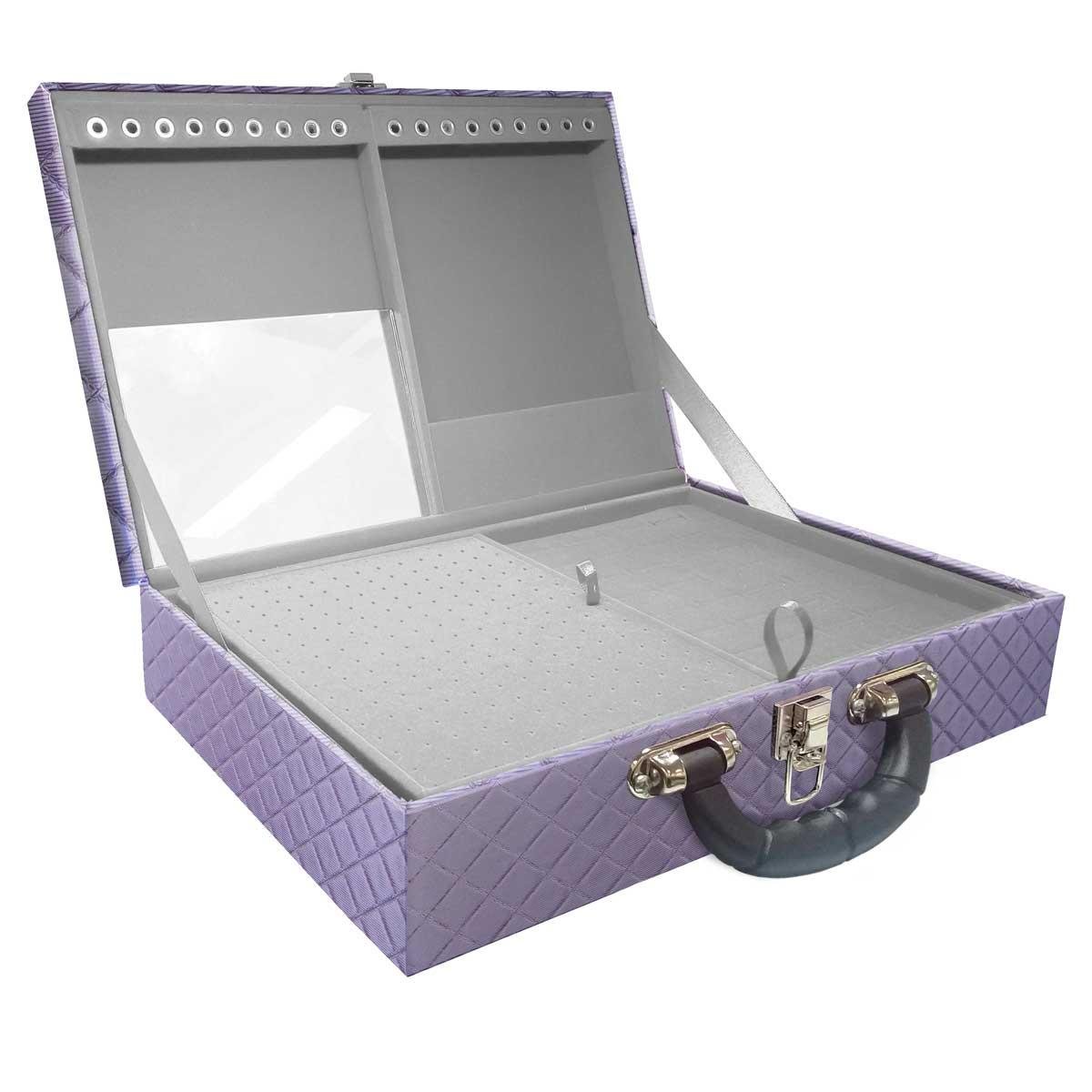 Estojo Maleta Porta Jóias Duplo Grande Dijon Lilás Metalizada Com Alça Preta e Espelho
