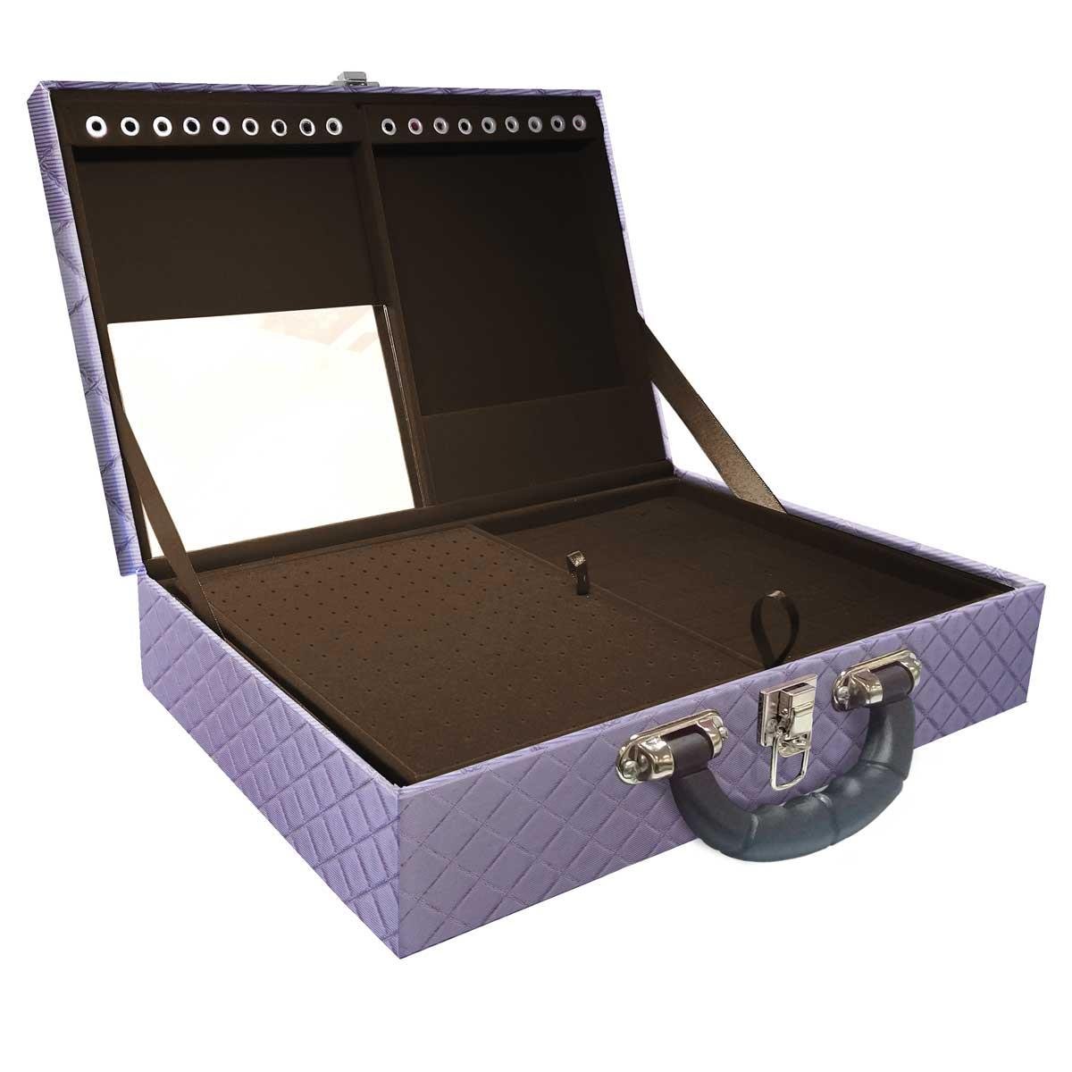 Estojo Maleta Porta Jóias Duplo Grande Dijon Lilás Metalizada Com Alça Preta e Espelho