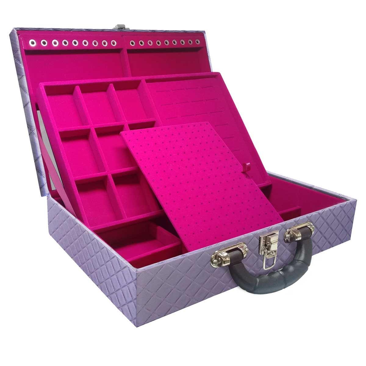 Estojo Maleta Porta Jóias Duplo Grande Dijon Lilás Metalizada Com Alça Preta e Espelho