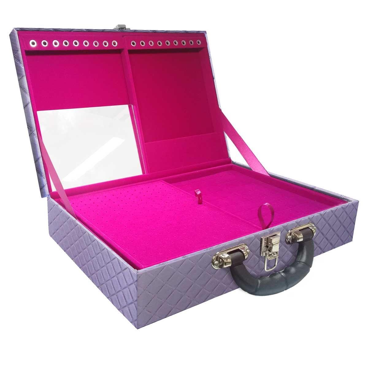 Estojo Maleta Porta Jóias Duplo Grande Dijon Lilás Metalizada Com Alça Preta e Espelho