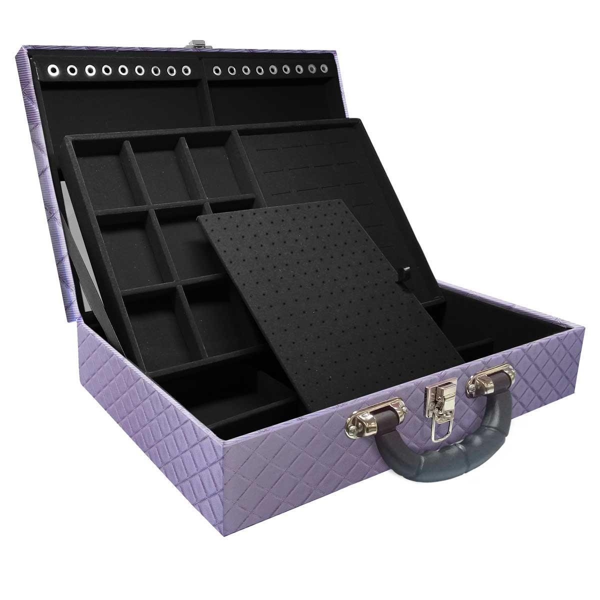 Estojo Maleta Porta Jóias Duplo Grande Dijon Lilás Metalizada Com Alça Preta e Espelho