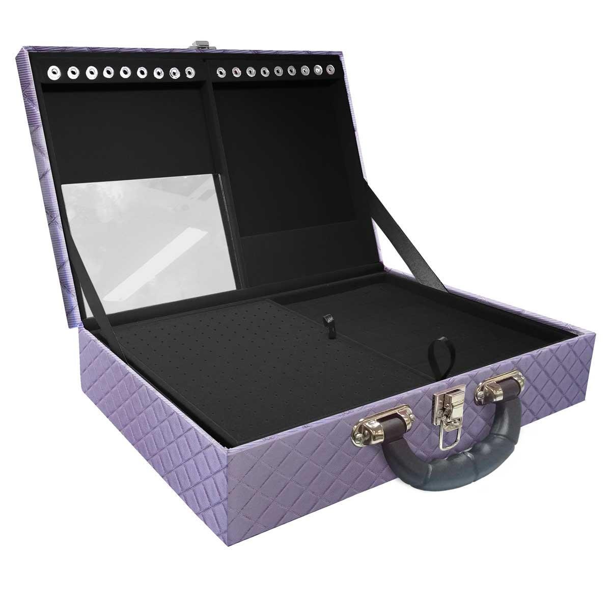 Estojo Maleta Porta Jóias Duplo Grande Dijon Lilás Metalizada Com Alça Preta e Espelho