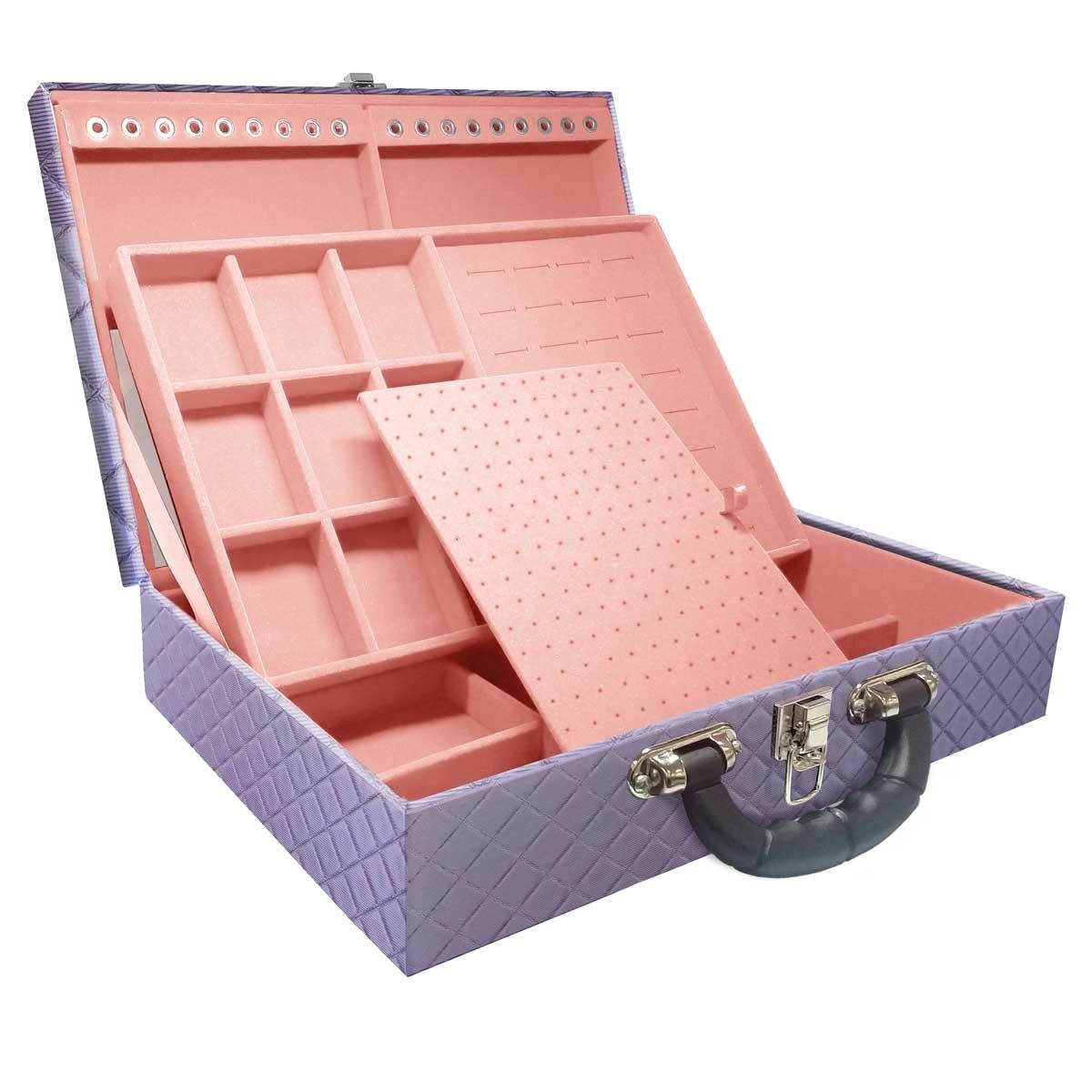 Estojo Maleta Porta Jóias Duplo Grande Dijon Lilás Metalizada Com Alça Preta e Espelho