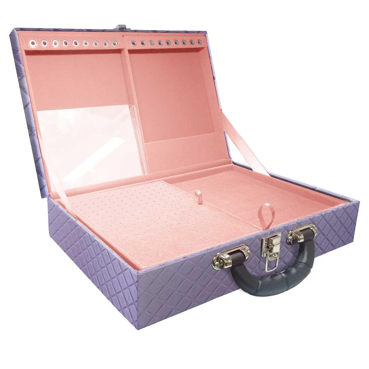 Estojo Maleta Porta Jóias Duplo Grande Dijon Lilás Metalizada Com Alça Preta e Espelho