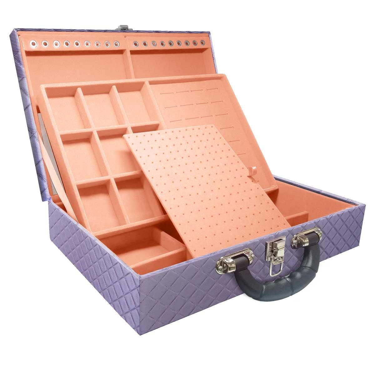 Estojo Maleta Porta Jóias Duplo Grande Dijon Lilás Metalizada Com Alça Preta e Espelho