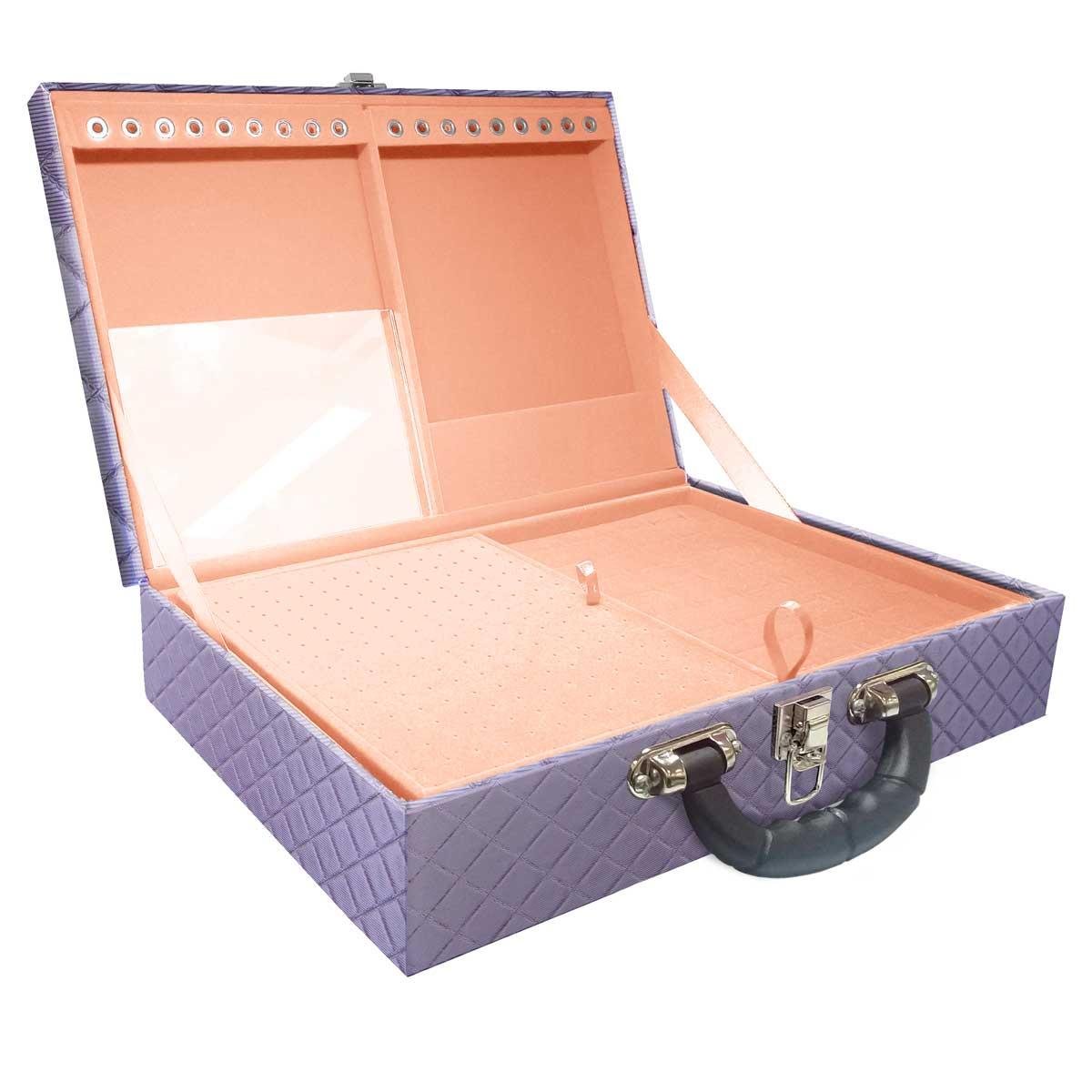 Estojo Maleta Porta Jóias Duplo Grande Dijon Lilás Metalizada Com Alça Preta e Espelho