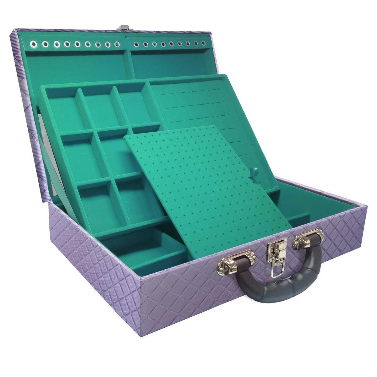 Estojo Maleta Porta Jóias Duplo Grande Dijon Lilás Metalizada Com Alça Preta e Espelho