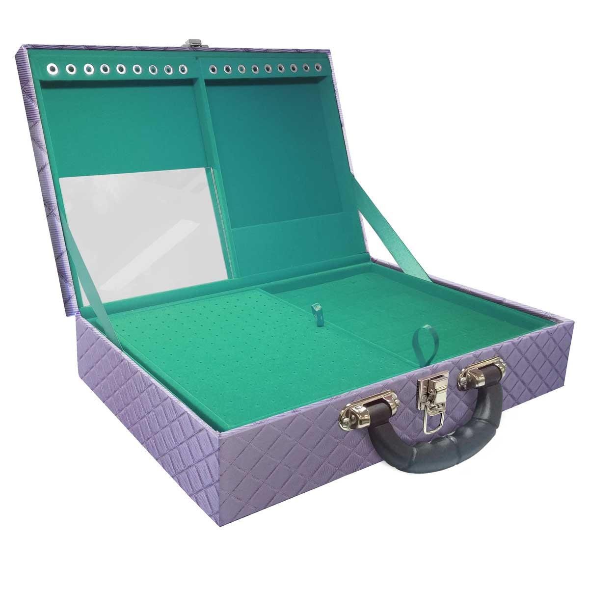 Estojo Maleta Porta Jóias Duplo Grande Dijon Lilás Metalizada Com Alça Preta e Espelho