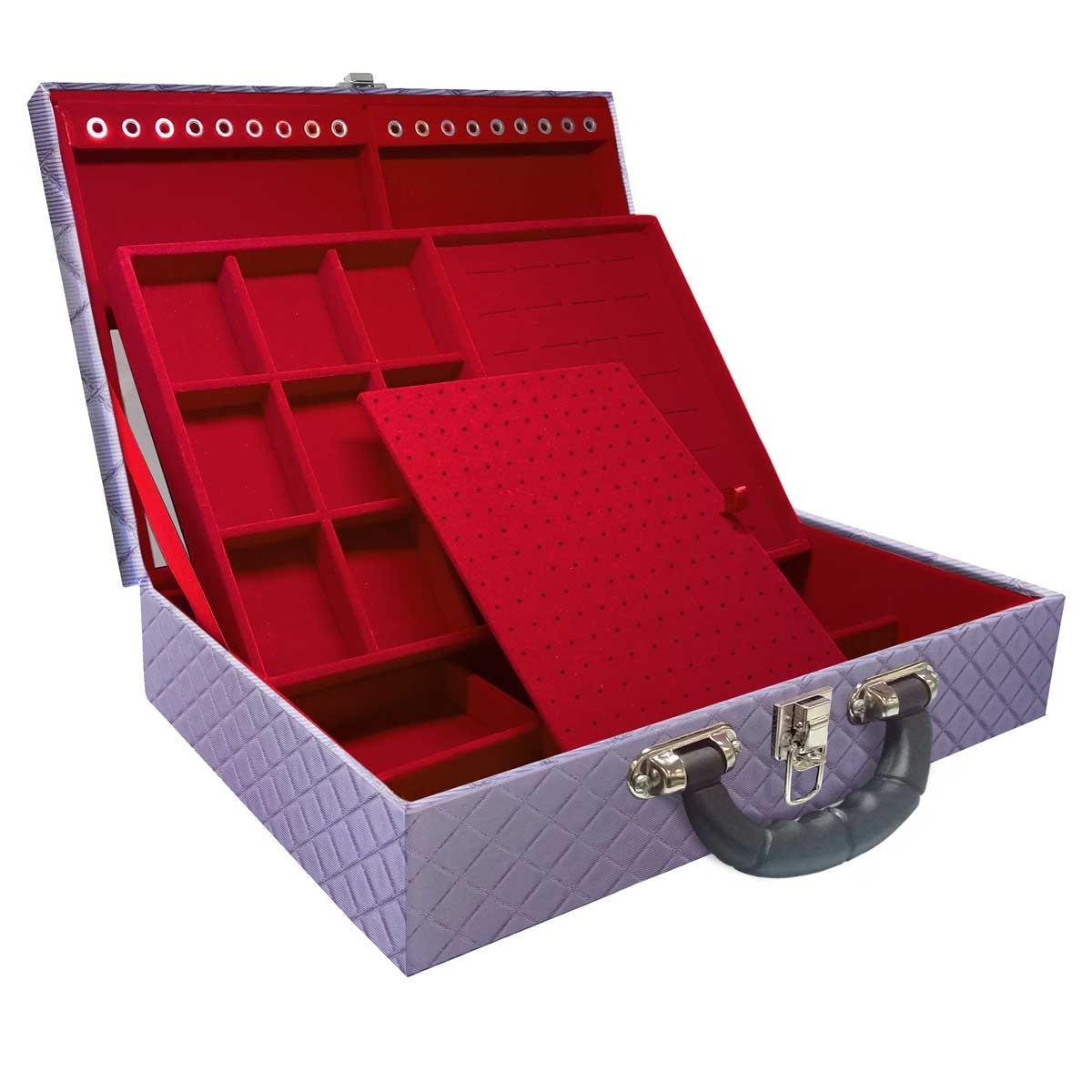 Estojo Maleta Porta Jóias Duplo Grande Dijon Lilás Metalizada Com Alça Preta e Espelho