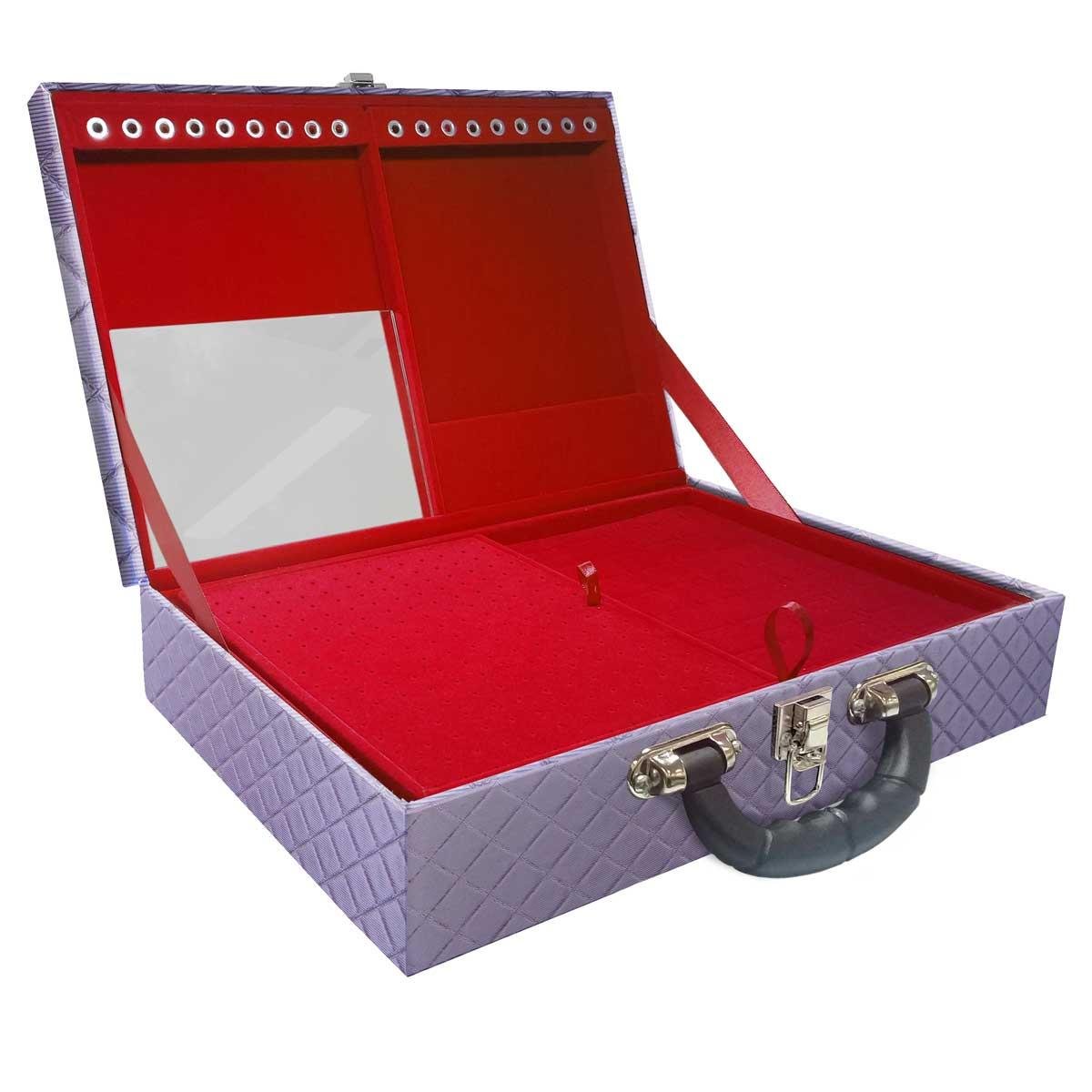 Estojo Maleta Porta Jóias Duplo Grande Dijon Lilás Metalizada Com Alça Preta e Espelho