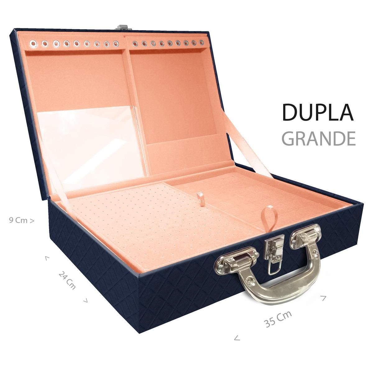 Estojo Maleta Porta Jóias Duplo Grande Dijon Azul Marinho Com Alça Cromada e Espelho
