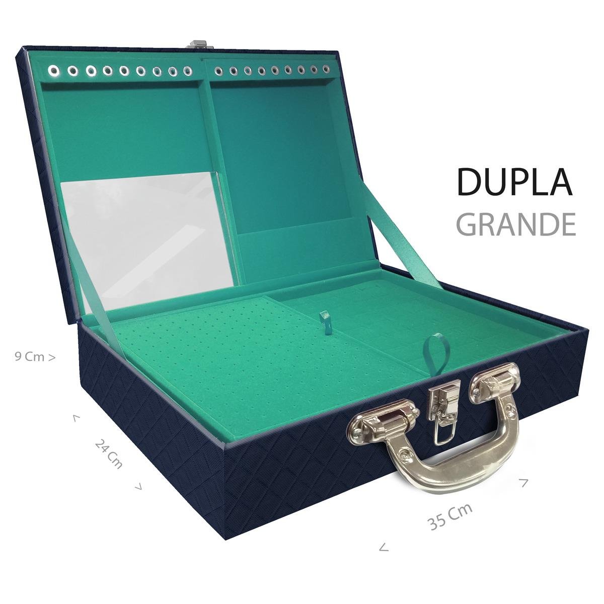Estojo Maleta Porta Jóias Duplo Grande Dijon Azul Marinho Com Alça Cromada e Espelho