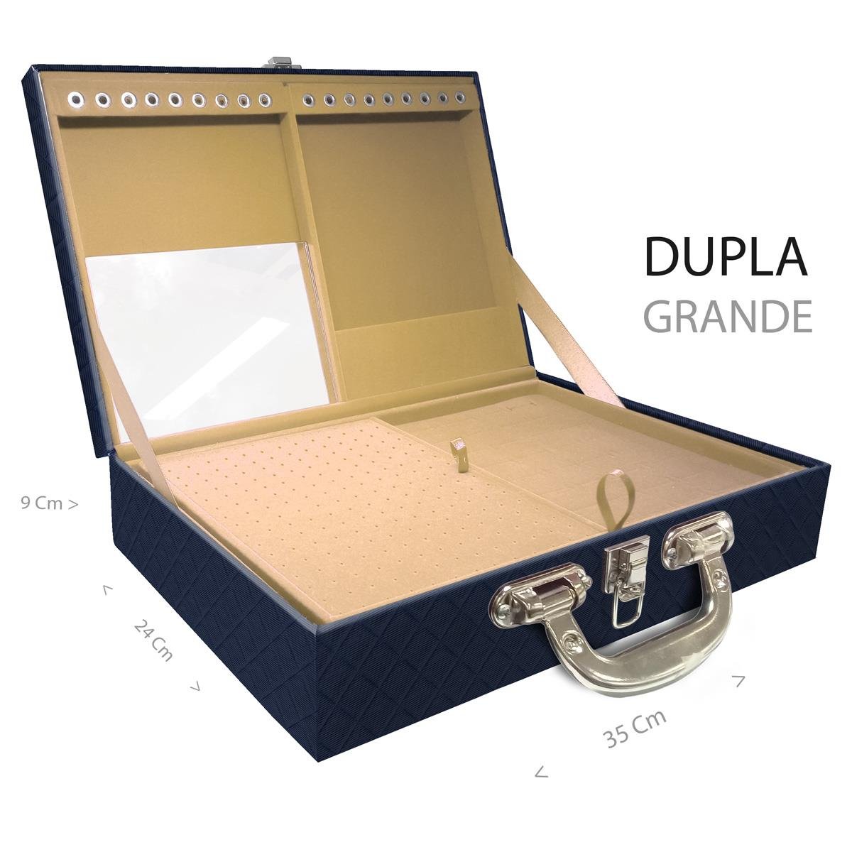 Estojo Maleta Porta Jóias Duplo Grande Dijon Azul Marinho Com Alça Cromada e Espelho